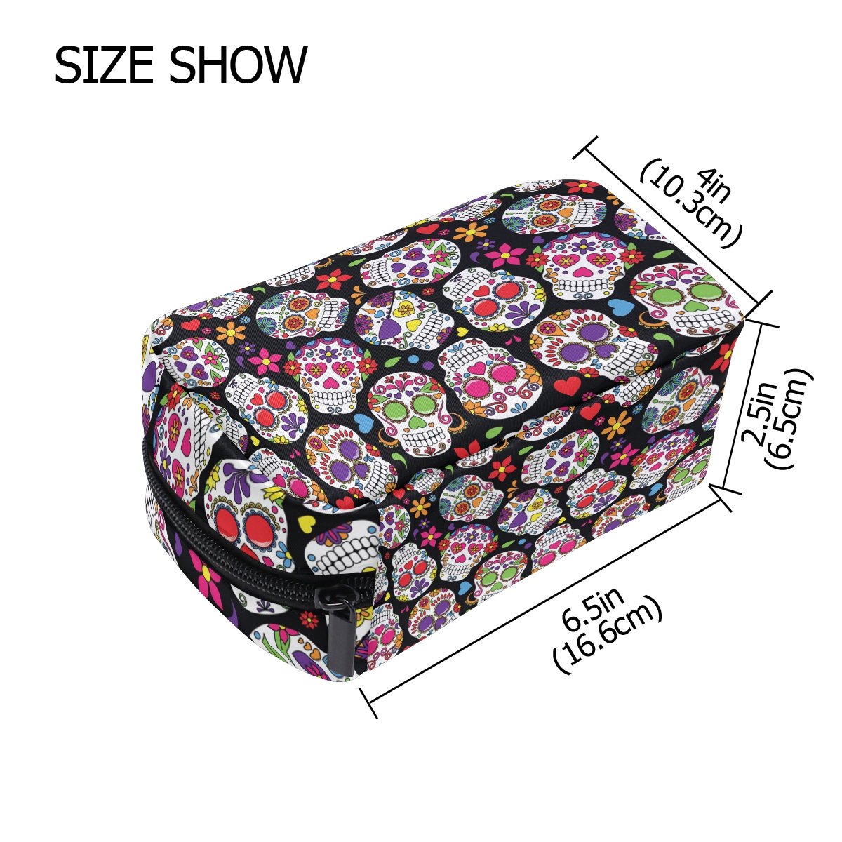 Sugar Skull Cosmetic Bag - Black Zipper Makeup Pouch for Travel & Storage