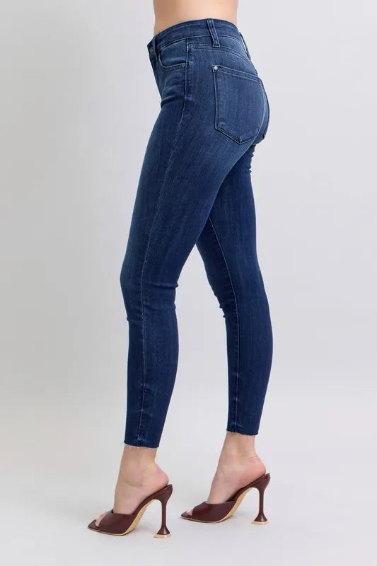 Judy Blue Women's Plus Size Mid Rise Skinny Jeans with Raw Hem - Stretch Denim Pants for Casual Wear & Everyday Comfort