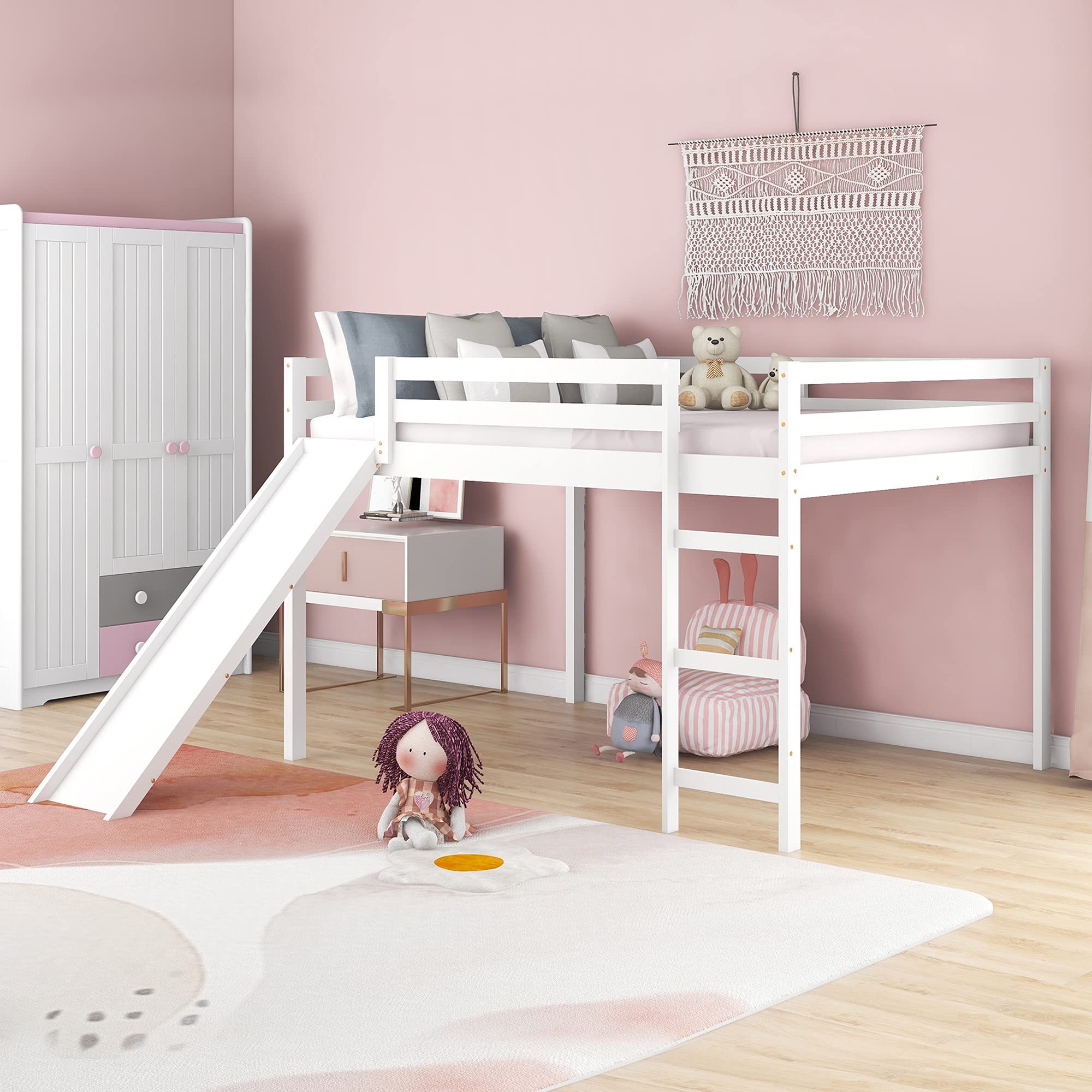 P PURLOVE Full Size Wooden Loft Bed with Slide - Sturdy Twin Loft Bed Frame for Kids & Teens, No Box Spring Required (White) | Space-Saving Bedroom Furniture for Small Rooms, Dorm & Playroom