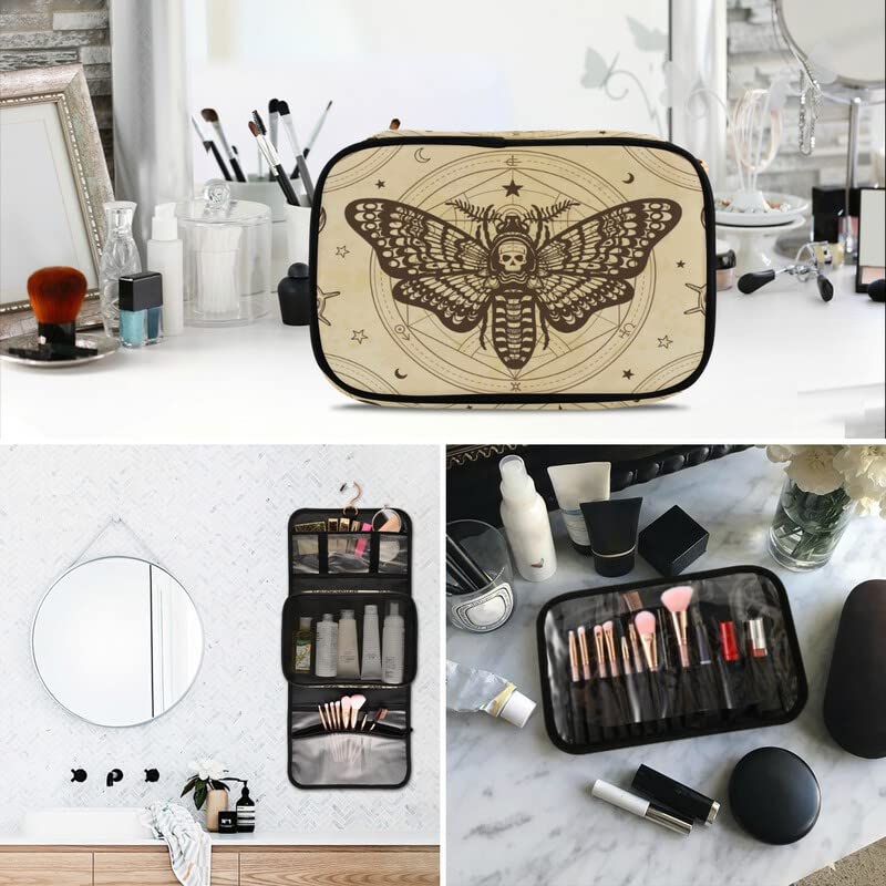MNSRUU Beige Skull Moth Butterfly Hanging Makeup Bag - 3 PCS Travel Toiletry Organizer Set with Clear Compartments | Portable Cosmetic Storage for Women, Perfect for Vacation, Gym & Business Trips