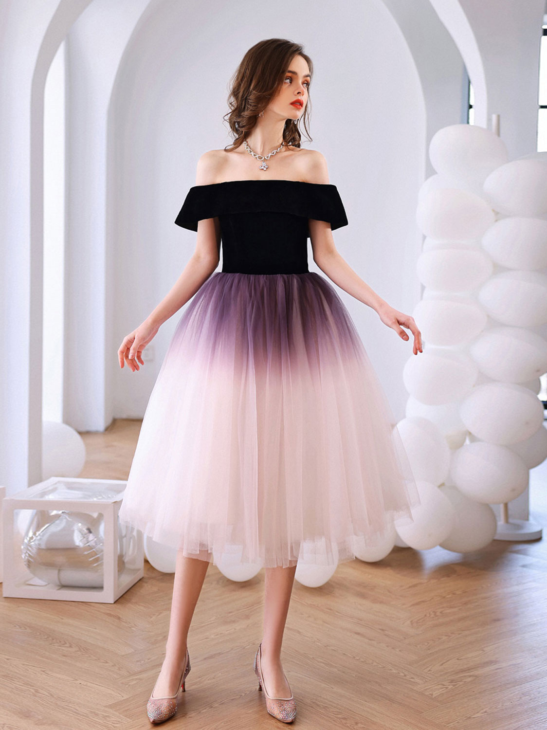 Elegant Purple Off Shoulder Tulle Short Puffy Prom Dress for Homecoming & Special Occasions - Perfect for Dances, Parties & Formal Events
