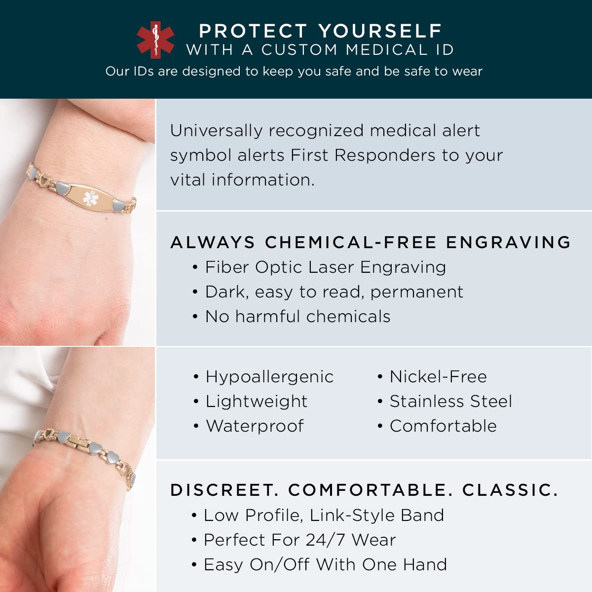 Lauren's Hope Stylish Medical Alert Bracelets for Women - Stainless Steel Rose Gold, Gold & Silver Heart Link Bracelet with Free Custom Engraving | Waterproof Medical ID Jewelry | 1 Year Warranty | Perfect for Daily Wear, Emergency Identification & Fashion Accessories