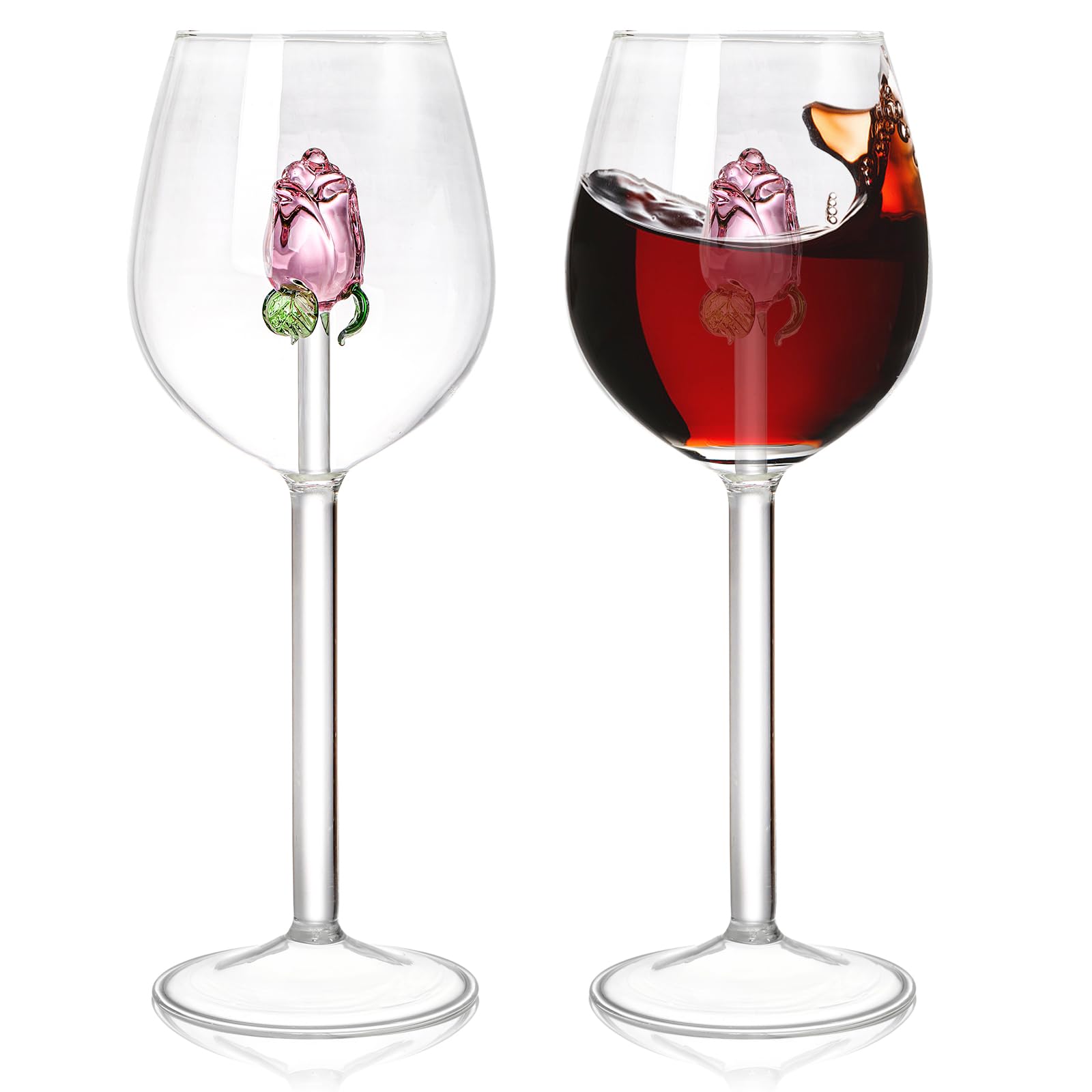 2 Pack 10oz Rose Wine Glasses with Real Rose Inside - Elegant Stemmed Drinking Goblet for Cocktails, Champagne & Wine - Unique Romantic Glassware for Weddings, Anniversaries, Valentine's Day & Romantic Dinners - Perfect Gift for Her, Bridal Shower & Special Occasions