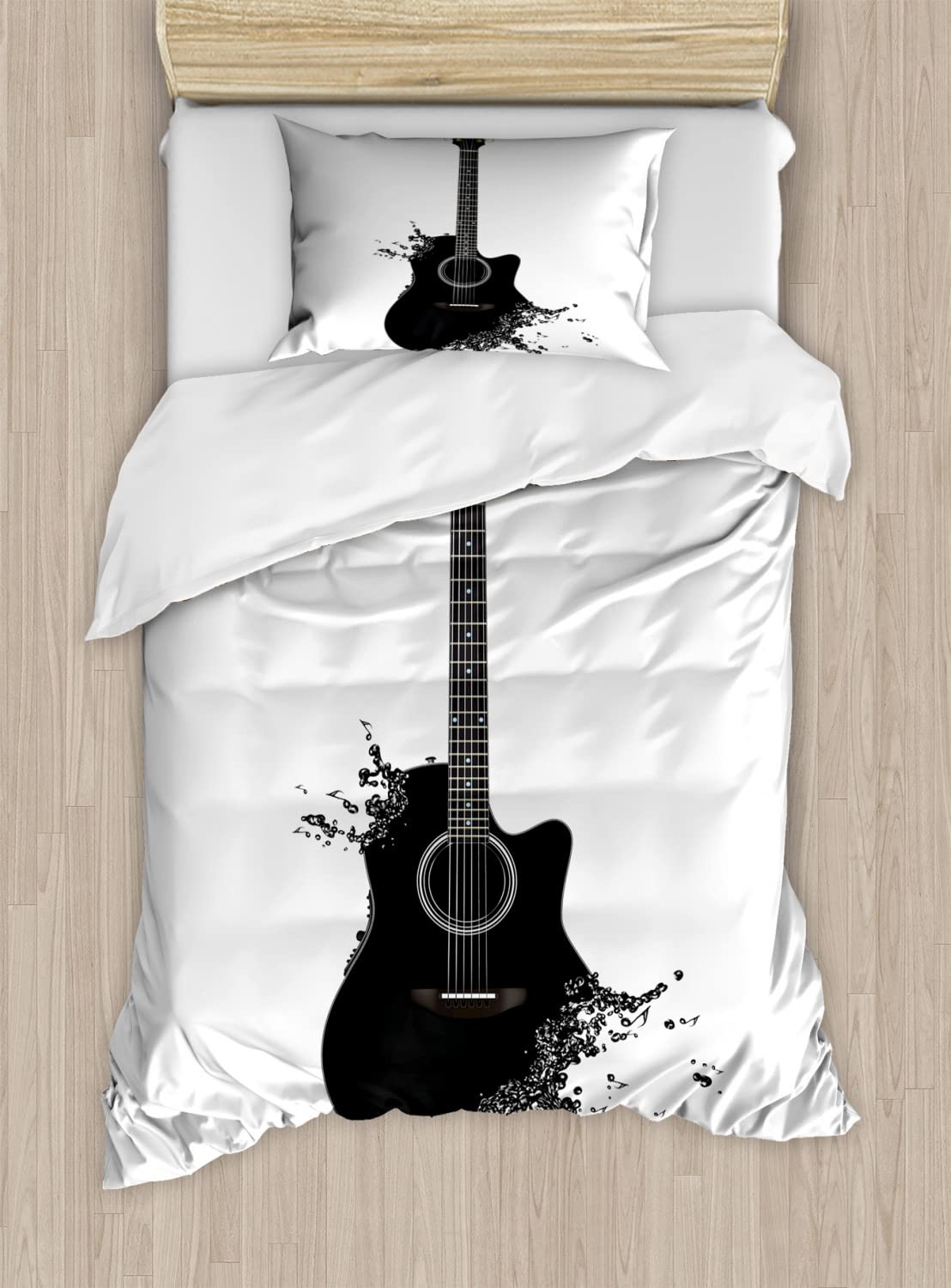 Ambesonne Guitar Duvet Cover Set - King Size 2 Pack Black & White Musical Instrument Design with 2 Duvet Covers & 4 Pillowcases - Monochrome Acoustic Guitar Pattern for Bedroom Decor & Music Lover Gift