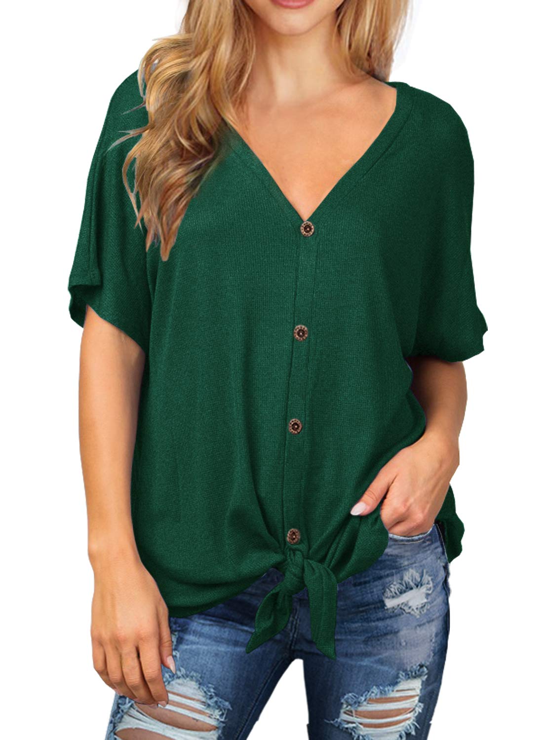 IWOLLENCE Women's Waffle Knit Tunic Blouse - Tie Knot Short Sleeve Henley Top, Loose Fit Batwing Shirt for Casual Wear, Office & Date Night Outfits