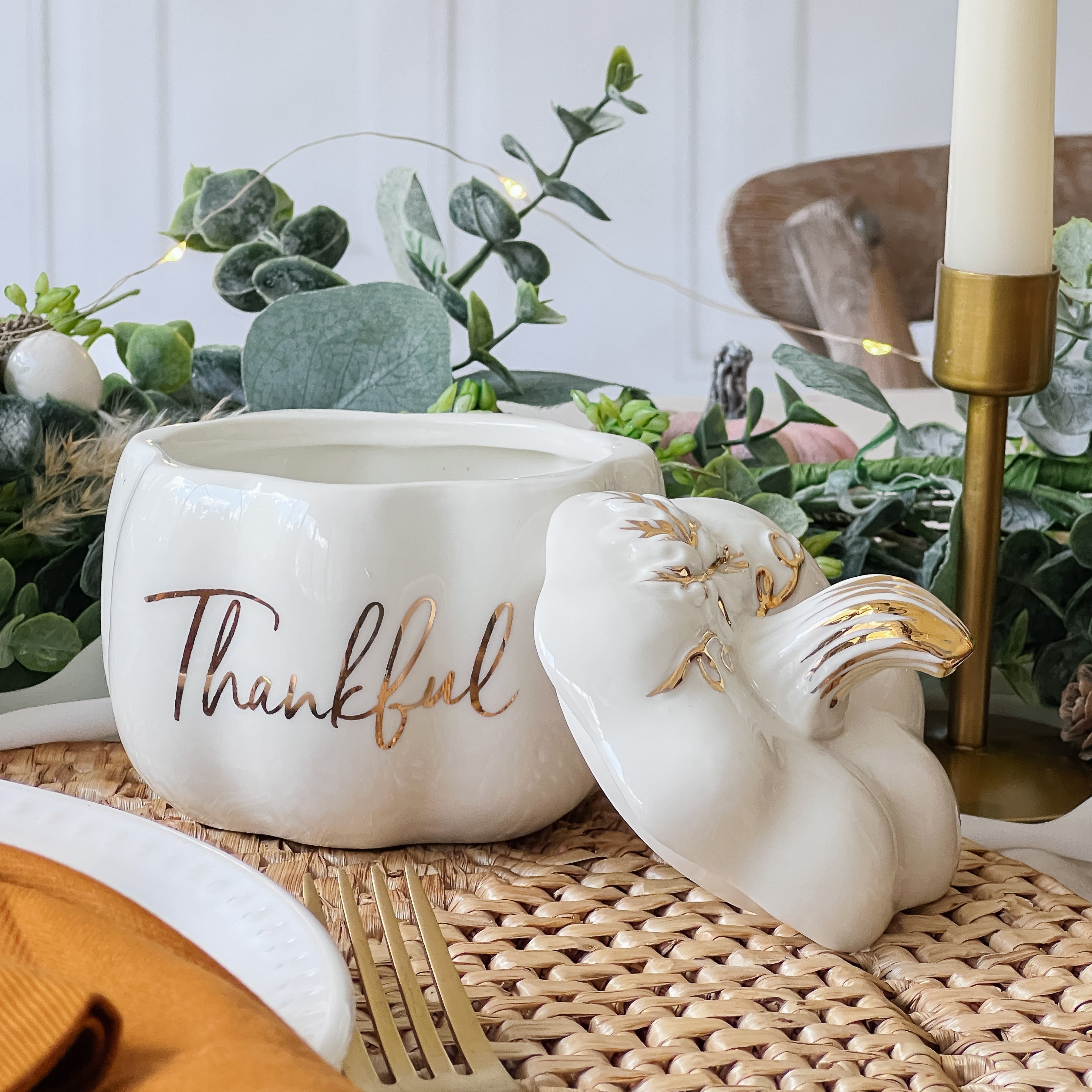 Thankful White Pumpkin Decorative Bowl - Fall Harvest Centerpiece for Thanksgiving Table Decor, Farmhouse Home Decor, Autumn Party Serving Dish