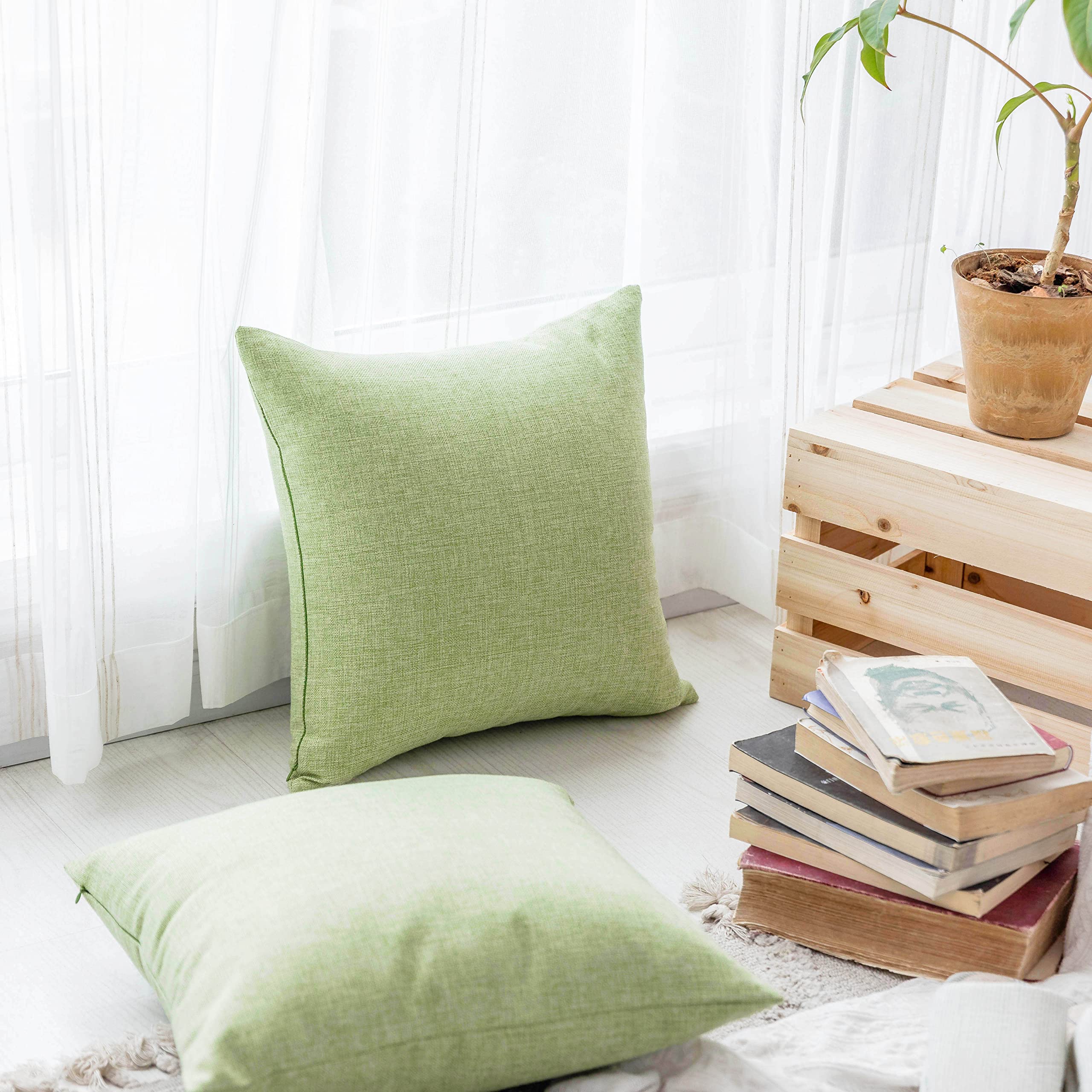 Linen Textured Decorative Pillow Covers 18x18 Inches - Set of 4 Sage Green Burlap Sofa Cushion Slipcovers for Living Room, Bed & Couch - Spring Home Decor for Cozy Indoor Spaces