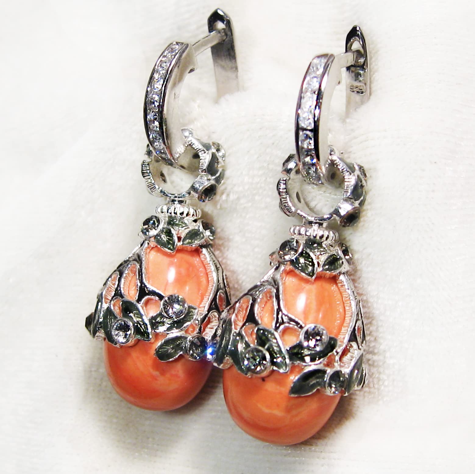 925 Sterling Silver Egg Coral Art Deco Earrings with Crystals & Enamel - Cubic Zirconia Hoop Earrings for Women | Perfect for Parties, Weddings & Special Occasions