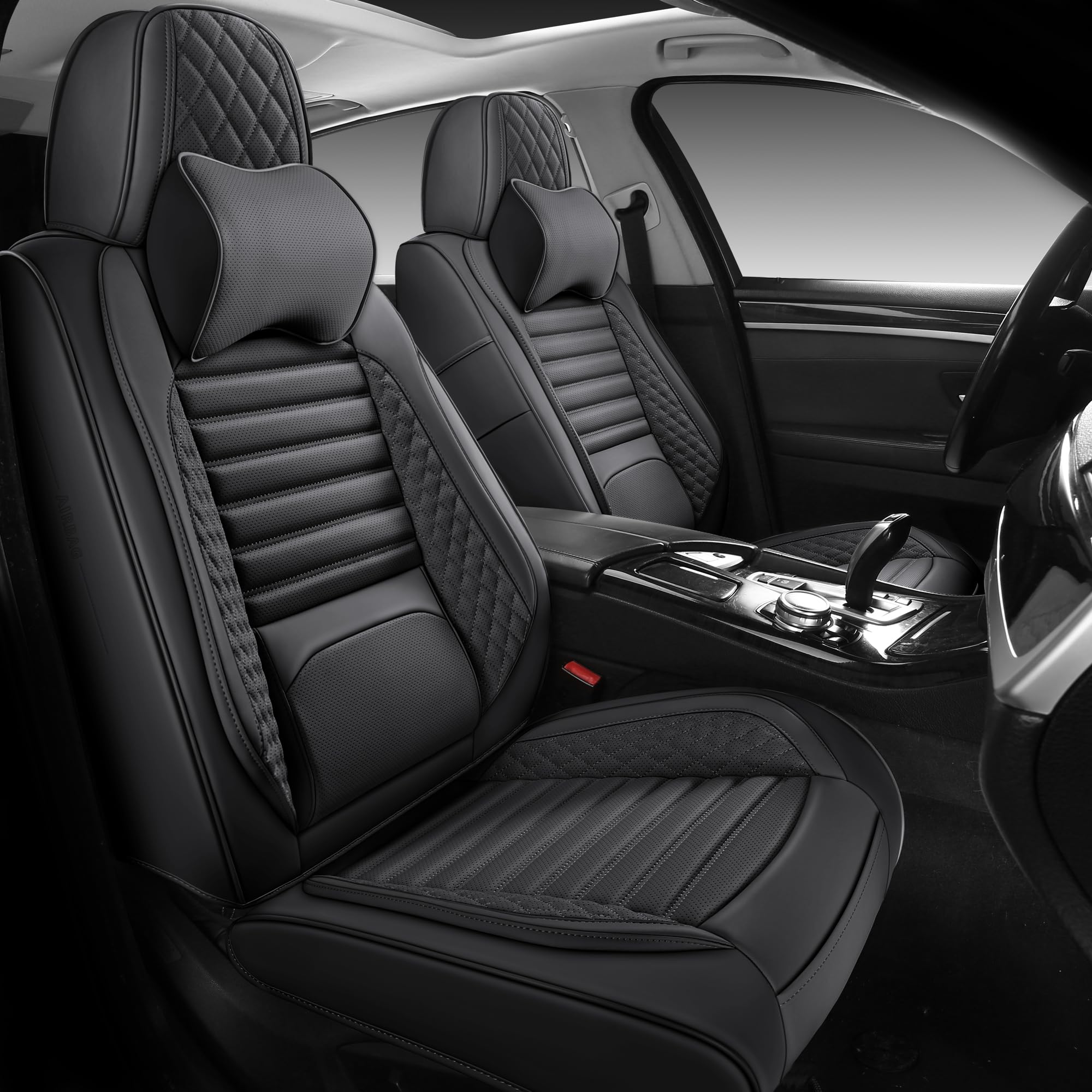 Premium Universal Leather Car Seat Covers Full Set - 5-Piece Black Seat Protectors with Headrest Pillow for Cars, SUVs & Trucks | Durable Full Coverage Protection for Daily Commute, Road Trips & Family Travel