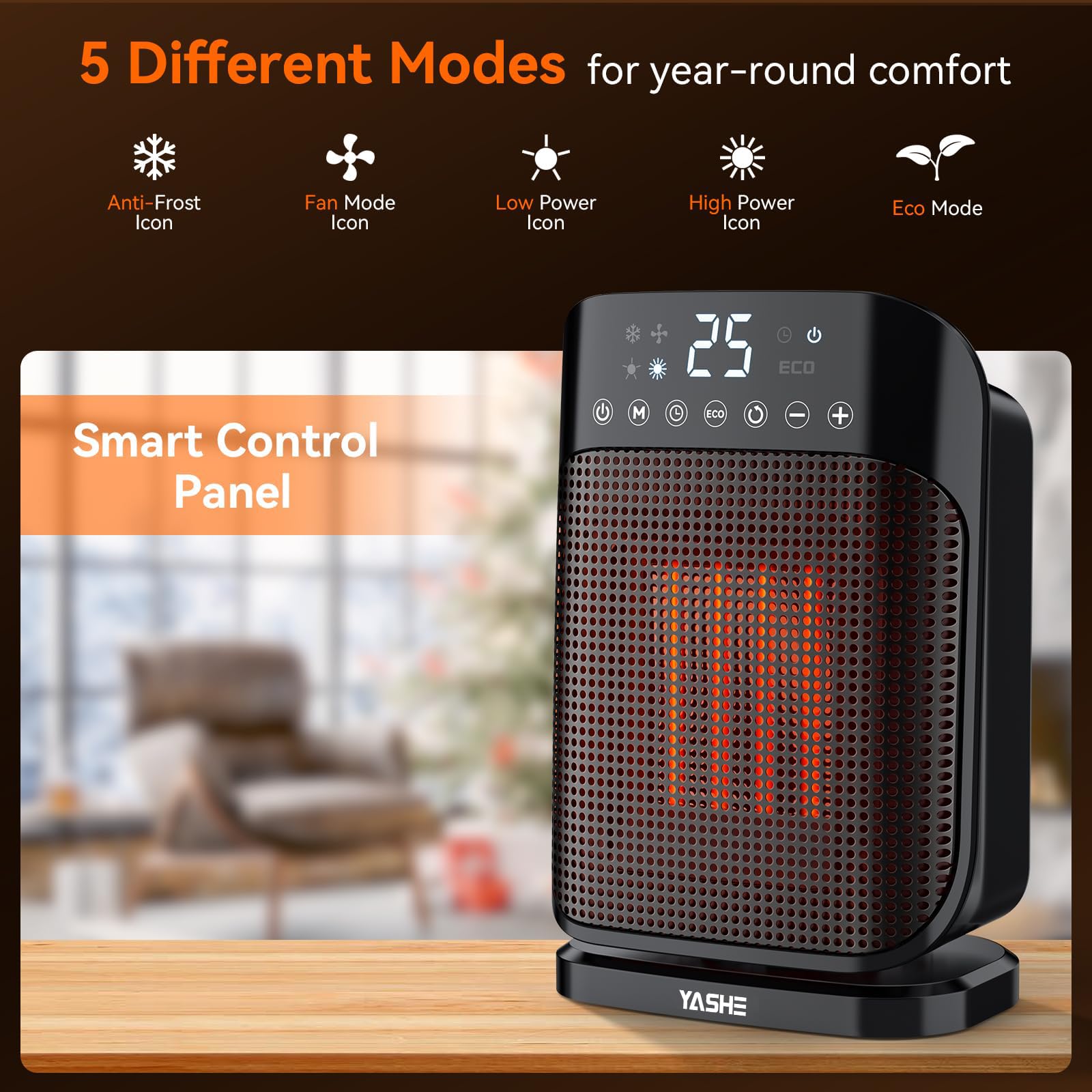 YASHE 1500W PTC Ceramic Space Heater with Thermostat & Remote Control - Portable Electric Heater with 24H Timer, 75° Oscillation, ECO Mode & Digital Display - Perfect for Office, Bedroom, Home & Indoor Use - Stay Warm & Cozy in Winter