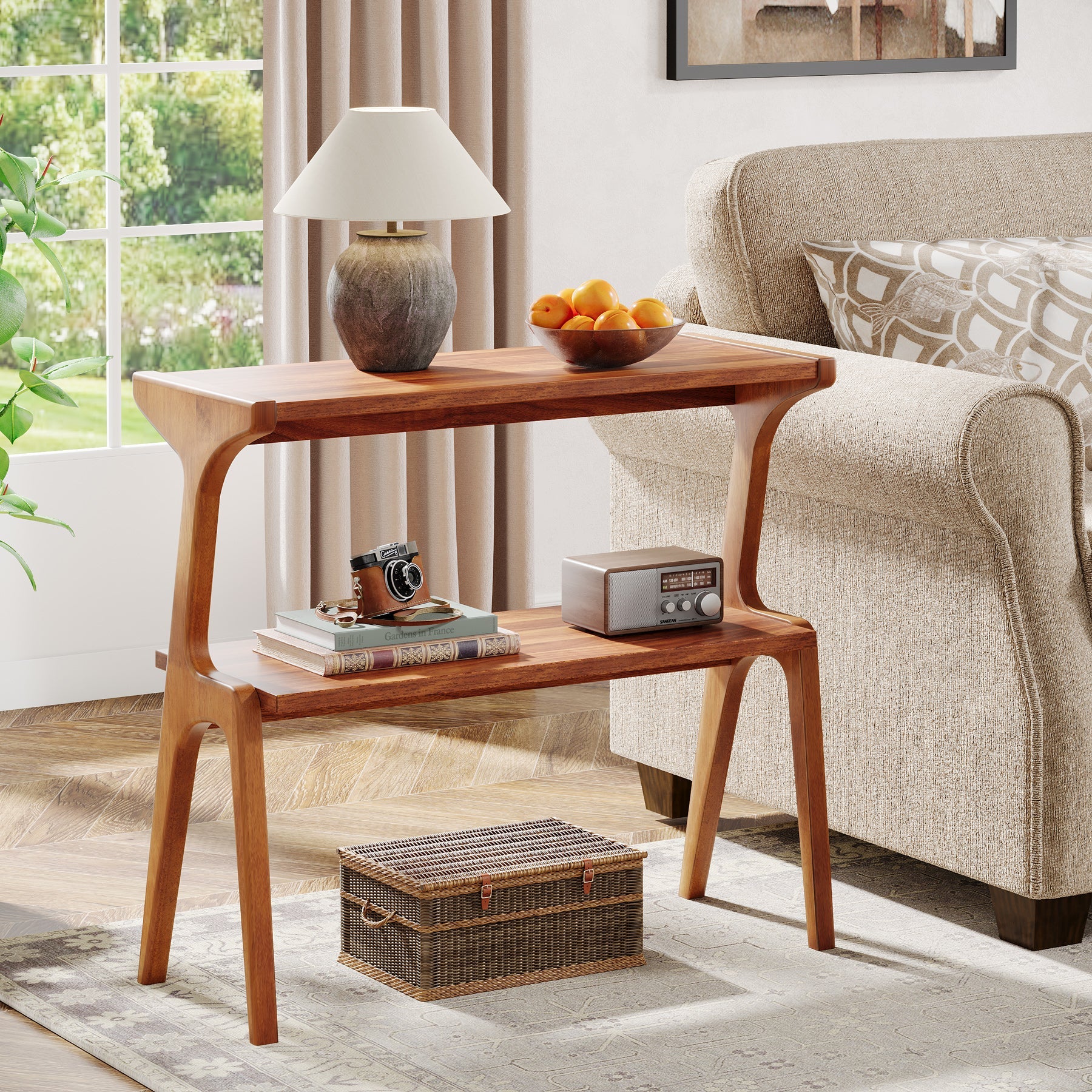 Solid Wood End Table with Storage Shelf - 2 Tier Sofa Side Table for Living Room, Bedroom & Office - Rustic Home Decor & Functional Furniture