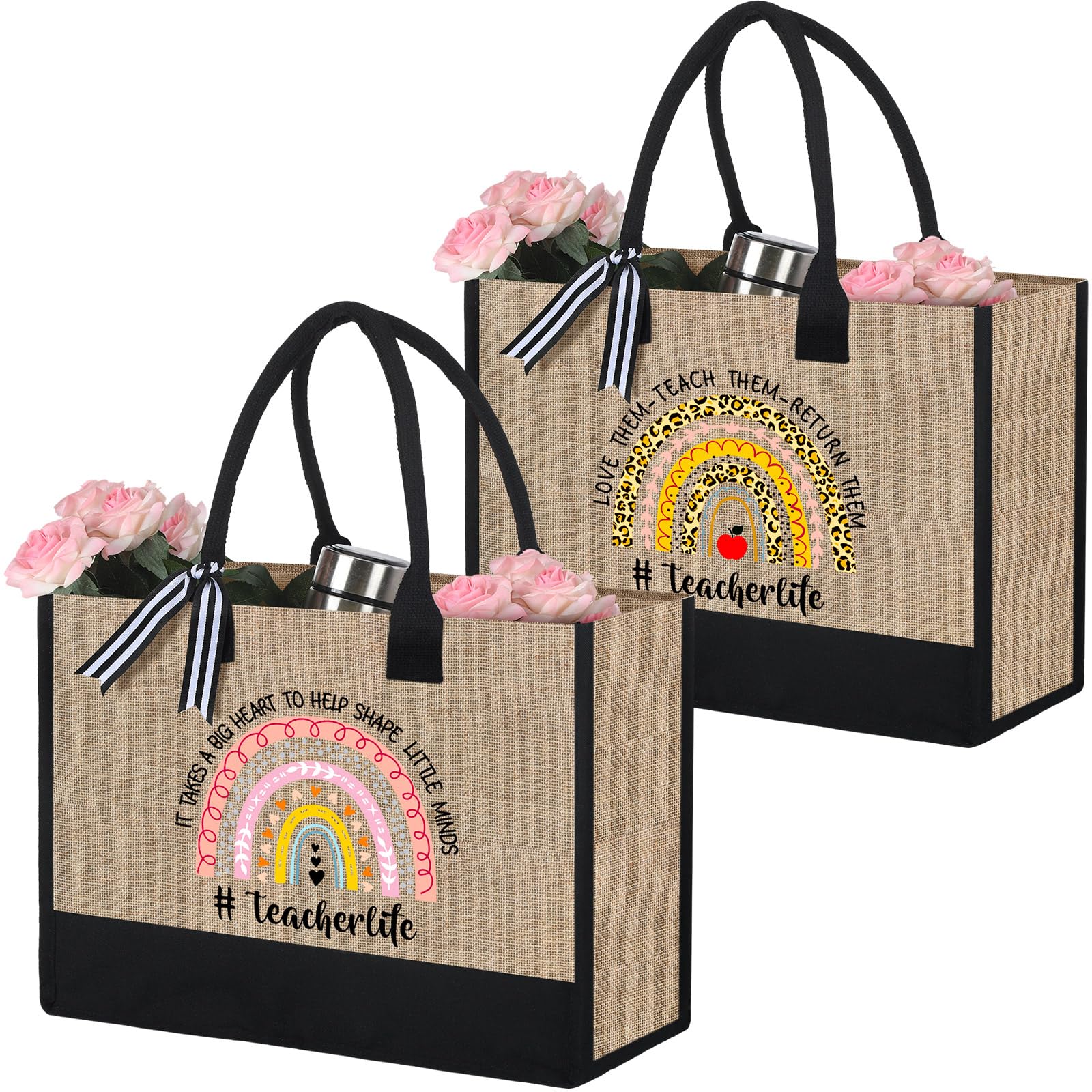 2 Pack Rainbow Jute Canvas Tote Bags - Teacher Appreciation Gift, Thank You Present for Women, Birthday & Graduation Gift - Eco-Friendly Shopping Bag for School, Work & Daily Use