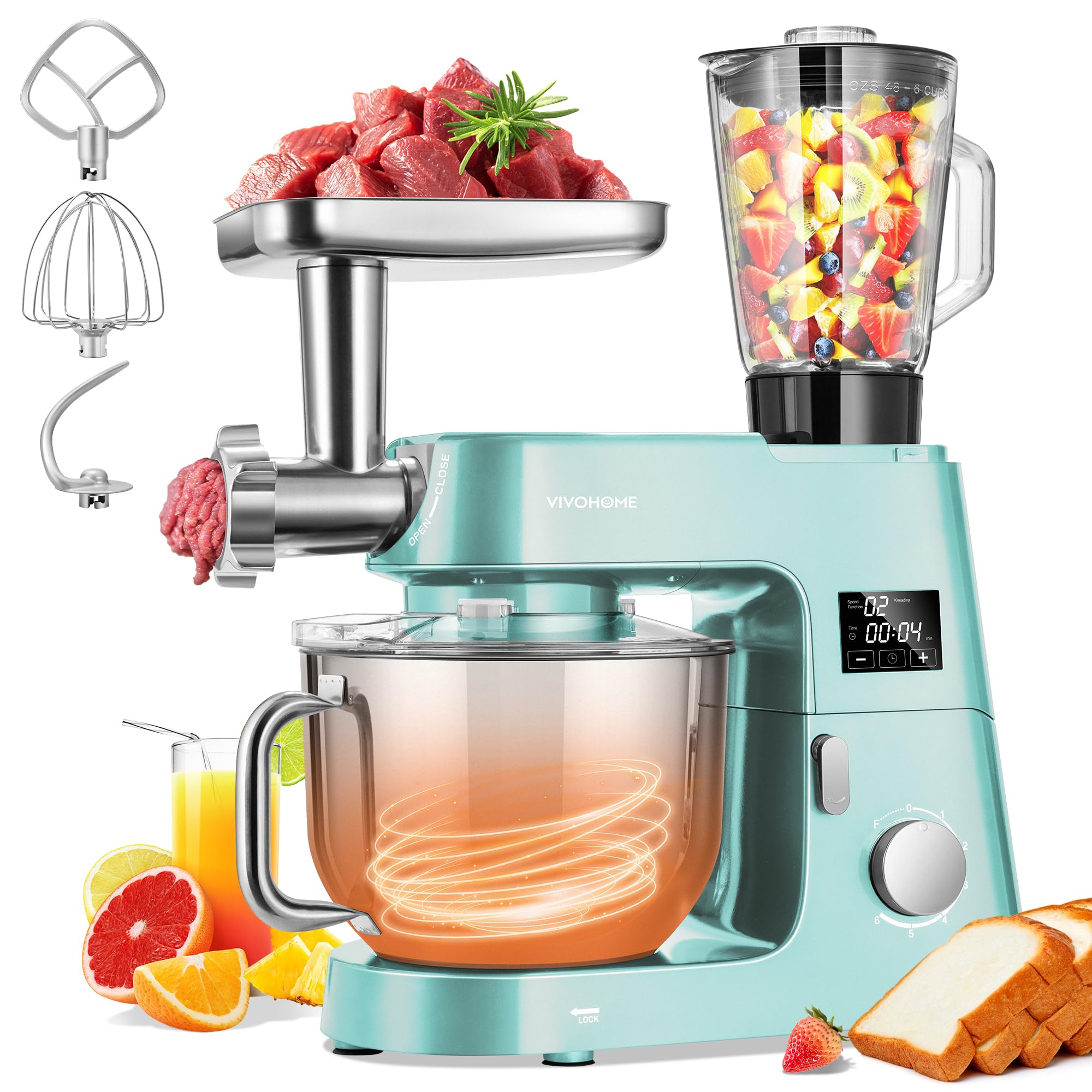 VIVOHOME 9-in-1 Multifunctional Stand Mixer with Fermentation Function - 6 Speed 7.5 Quart Electric Kitchen Mixer with Timer, Meat Grinder, Juice Blender, Vegetable Slicer, Pasta & Cookie Maker (Blue) - Perfect for Baking, Cooking, Meal Prep & Home Kitchen Use