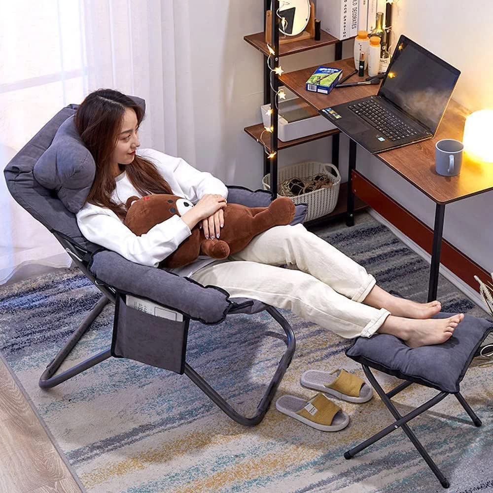 Modern Lazy Chair with Ottoman - Foldable Reclining Lounge Chair with Armrests & Side Pocket - Comfortable Leisure Sofa for Bedroom, Living Room, Office - Perfect for Relaxing, Reading & Napping (Grey)