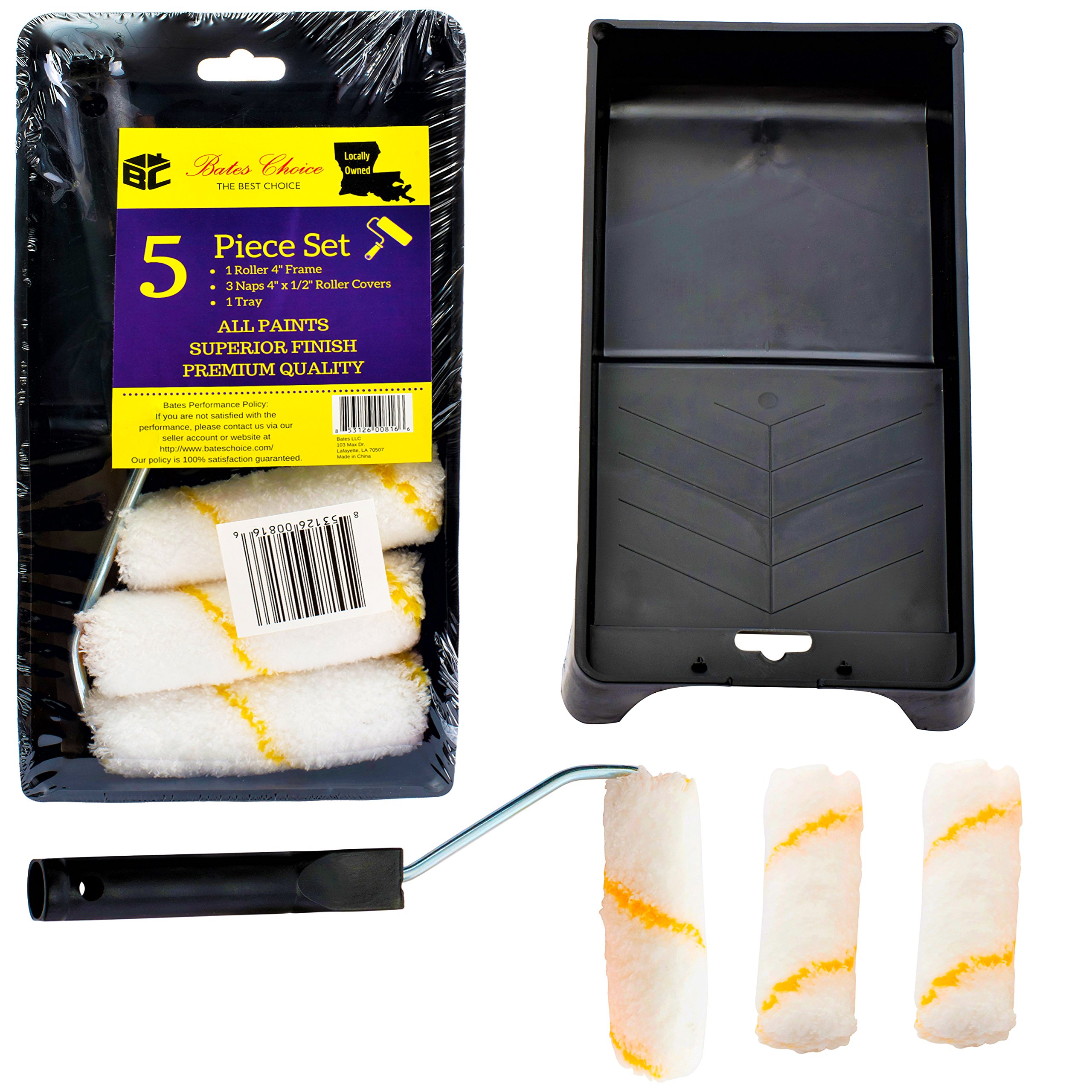 Bates Paint Tray Set with 4 Inch Foam Roller - Mini Paint Roller Brush, Tray & Covers - Complete House Painting Supplies Kit for Small Projects & Touch-Ups