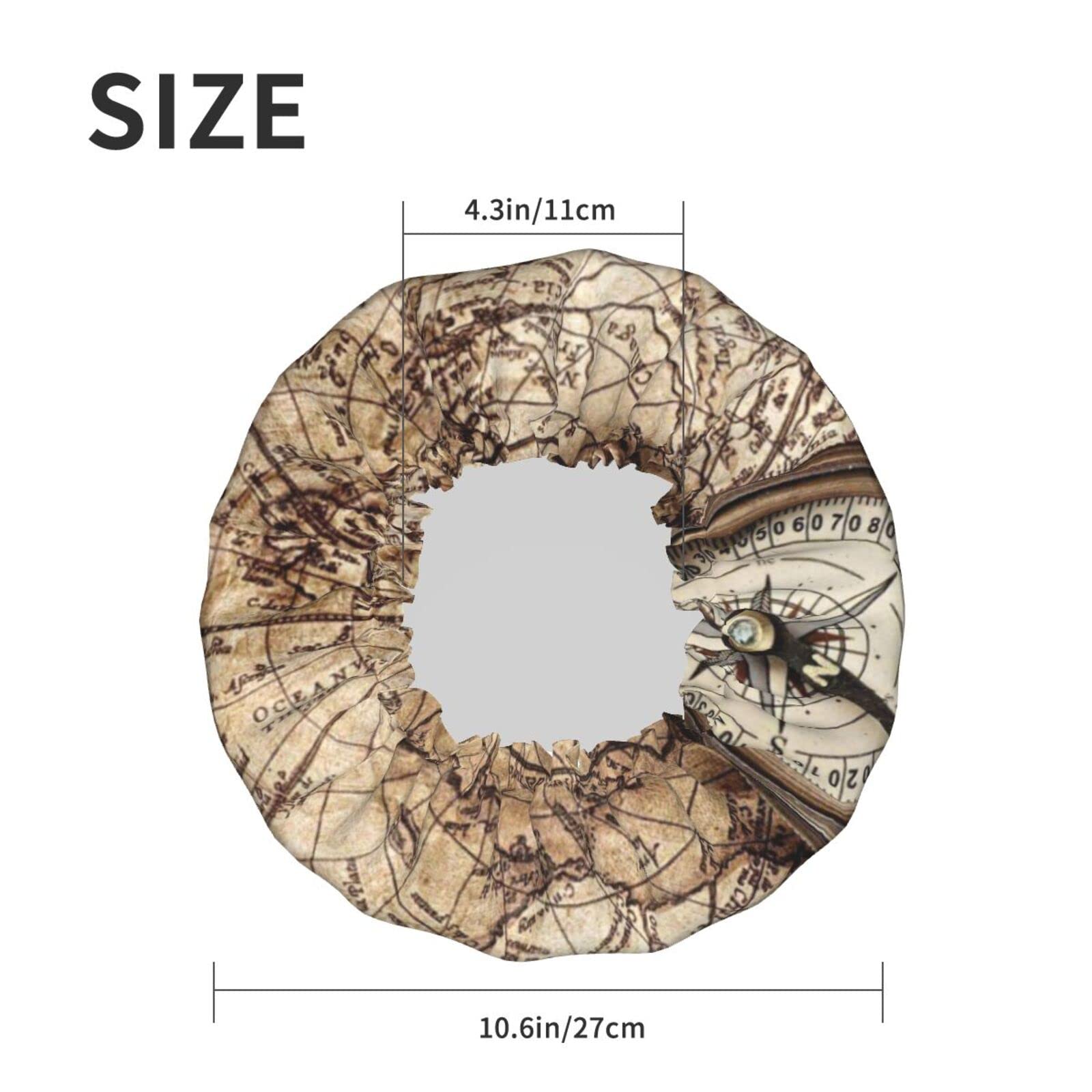 Waterproof Reusable Shower Cap for Women - Nautical Compass Map Design, Double Layer Bathing Hair Cap for Shower, Swimming & Spa - Perfect for Travel, Gym & Home Use