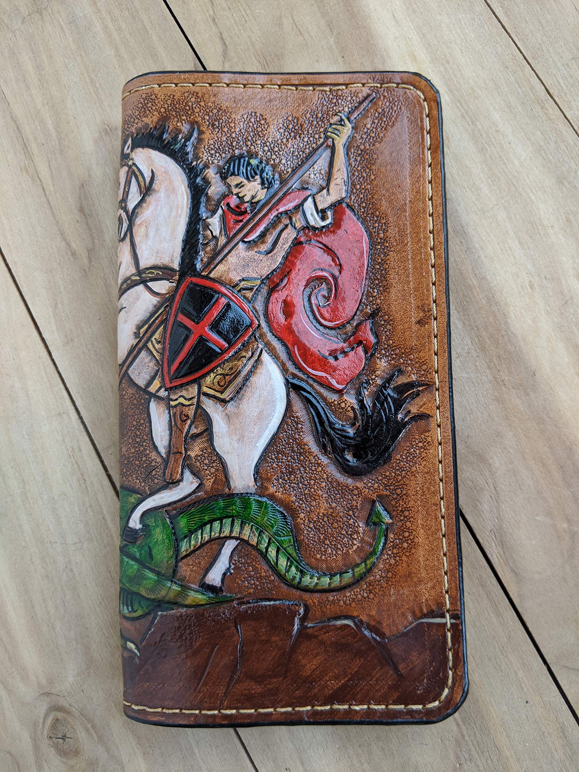 Handcrafted 3D Genuine Leather Wallet for Men - Long Biker Travel Wallet with St. George & Dragon Design - Custom Personalized Leather Carving Clutch Wallet - Perfect for Daily Use, Gifts & Motorcycle Riders