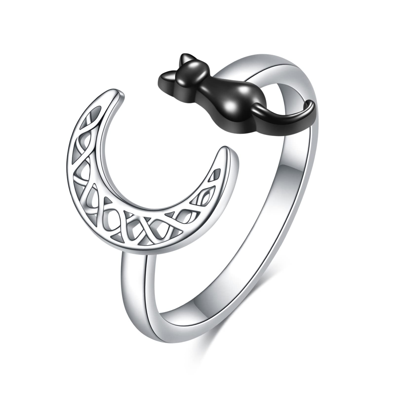 Sterling Silver Black Cat Celtic Moon Ring for Women - Elegant Zodiac Jewelry Gift for Cat Lovers, Birthday & Anniversary Present (Size 7) | Perfect for Everyday Wear, Date Nights & Special Occasions