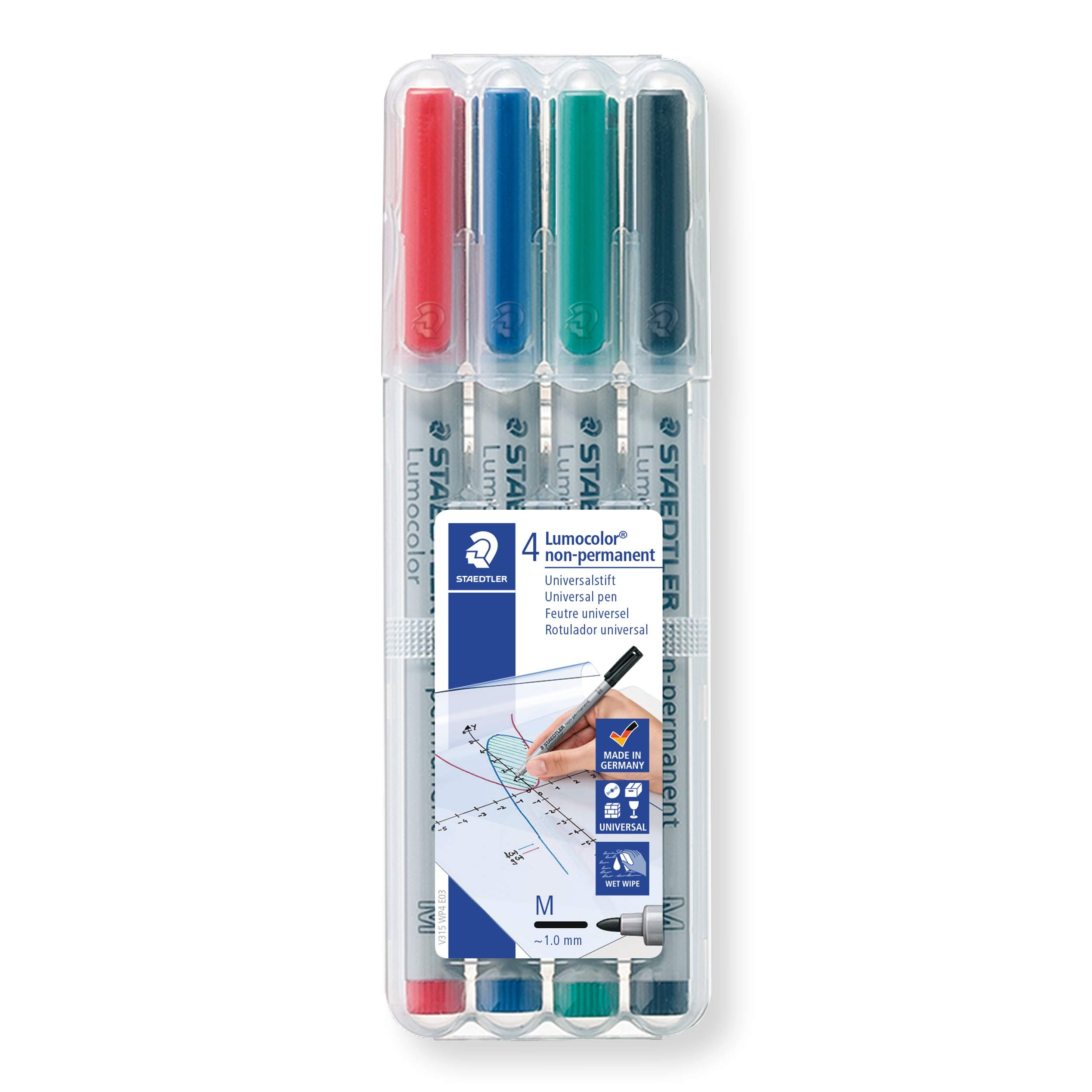 Staedtler Lumograph Wet Erase Markers - 4 Pack Refillable Medium Tip Non-Permanent Colored Pens (315 WP4) - Perfect for Whiteboards, Glass Surfaces & DIY Projects