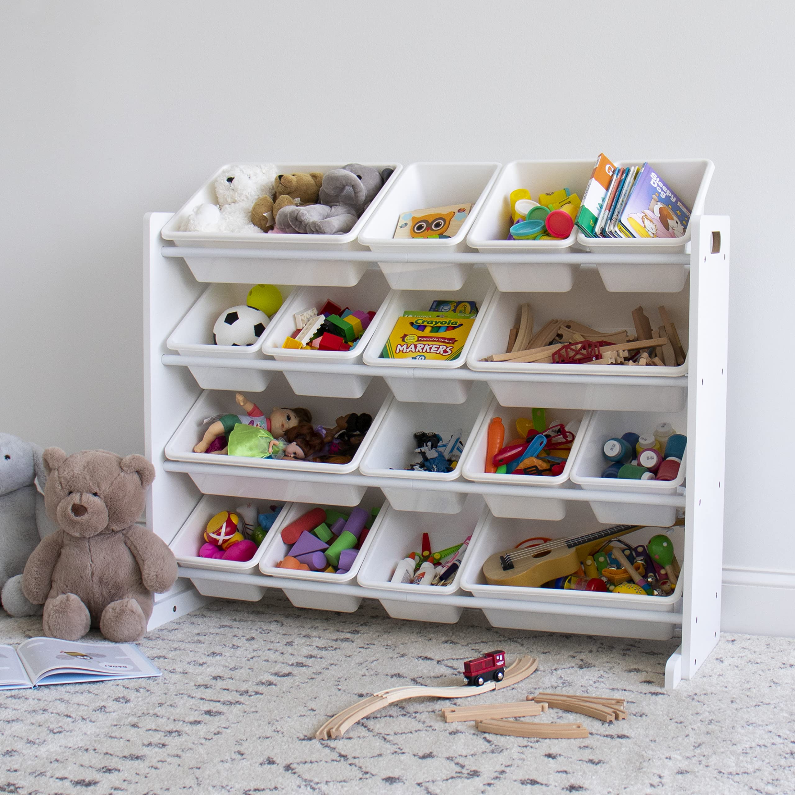 Humble Crew White Kids Wood Square Table and 2 Chairs Set with Extra-Large Toy Organizer - 16 Storage Bins in White | Perfect for Playroom, Classroom, and Kids Bedroom Organization