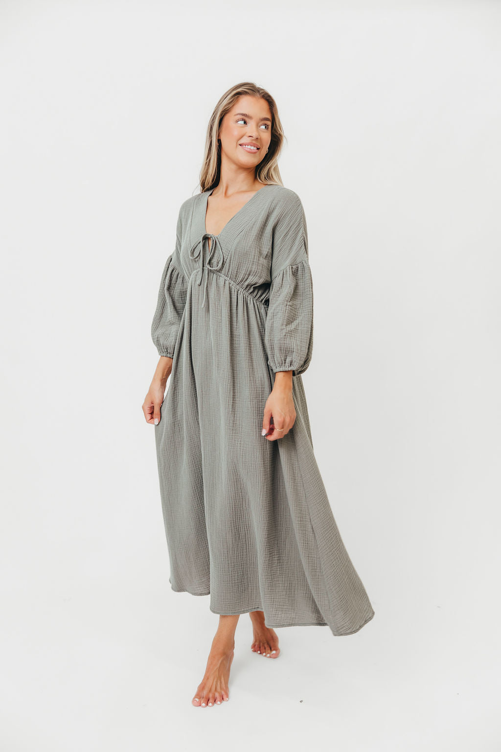 Hunter 100% Cotton Gauze Midi Dress - Dry Sage Color | Breathable Summer Dress for Women | Perfect for Beach, Vacation & Casual Outings