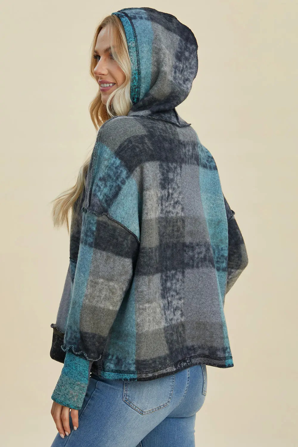 Double Take Full Size Plaid Dropped Shoulder Hoodie - Cozy Oversized Sweatshirt for Men & Women - Perfect for Casual Wear, Loungewear, and Outdoor Activities