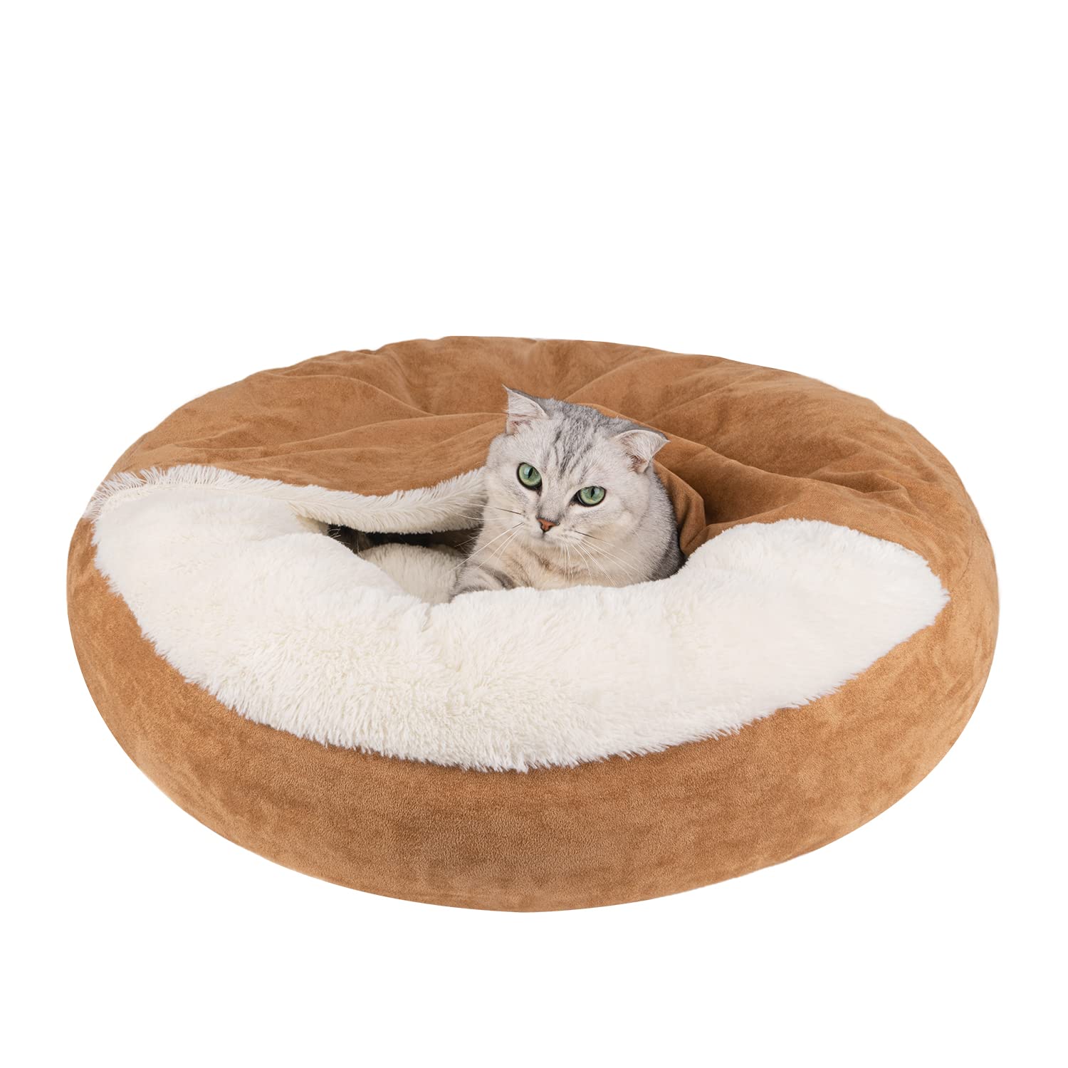 MICOOYO Small Dog Bed with Hooded Blanket - 24 Inch Round Donut Cuddler Pet Bed for Puppies & Cats, Washable & Comfortable (Khaki) - Perfect for Indoor Lounging, Crate Training & Cozy Napping