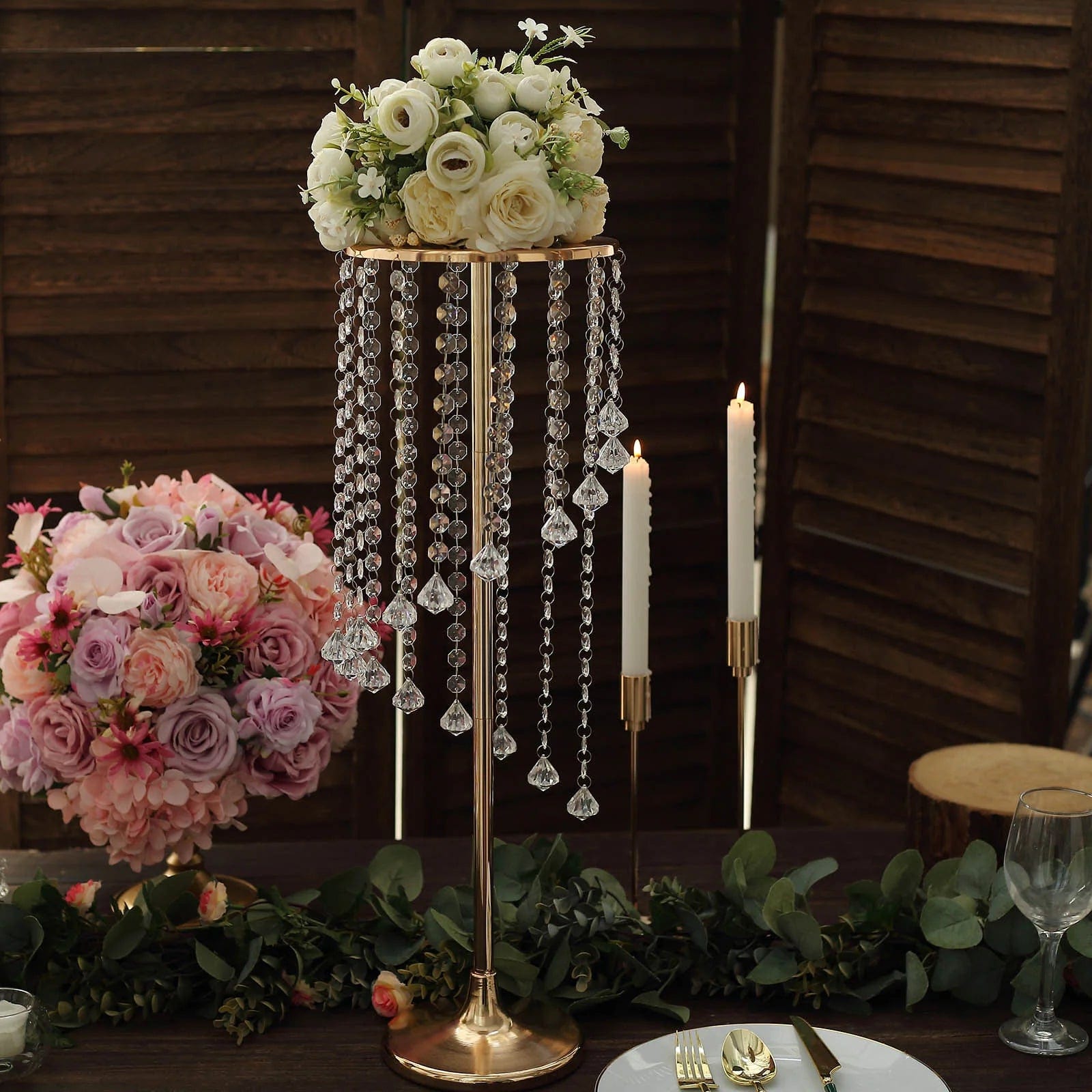 2 Pack Metal Flower Display Stands with Spiral Hanging Crystal Beads - Gold & Clear Wedding Centerpiece Decor for Table, Party, Home Decor