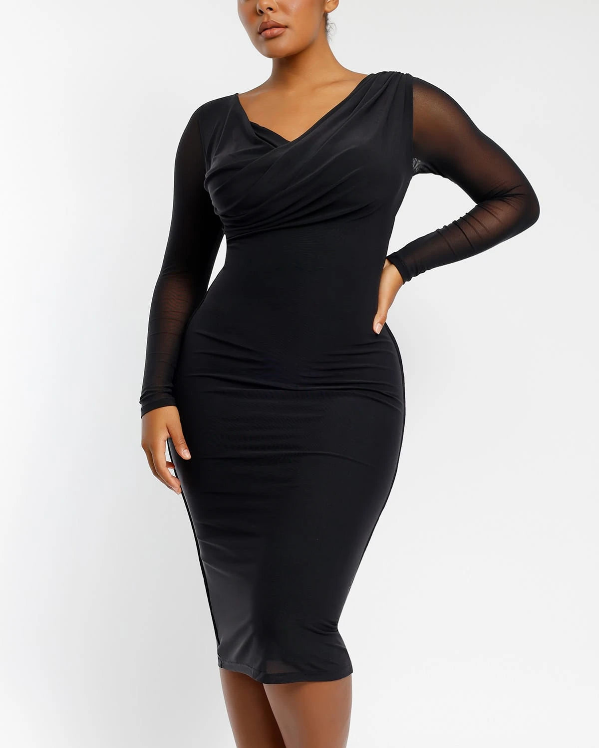 Slimming Mesh Draped V-Neck Bodycon Dress for Women - Perfect for Cocktail Parties, Date Nights & Evening Events