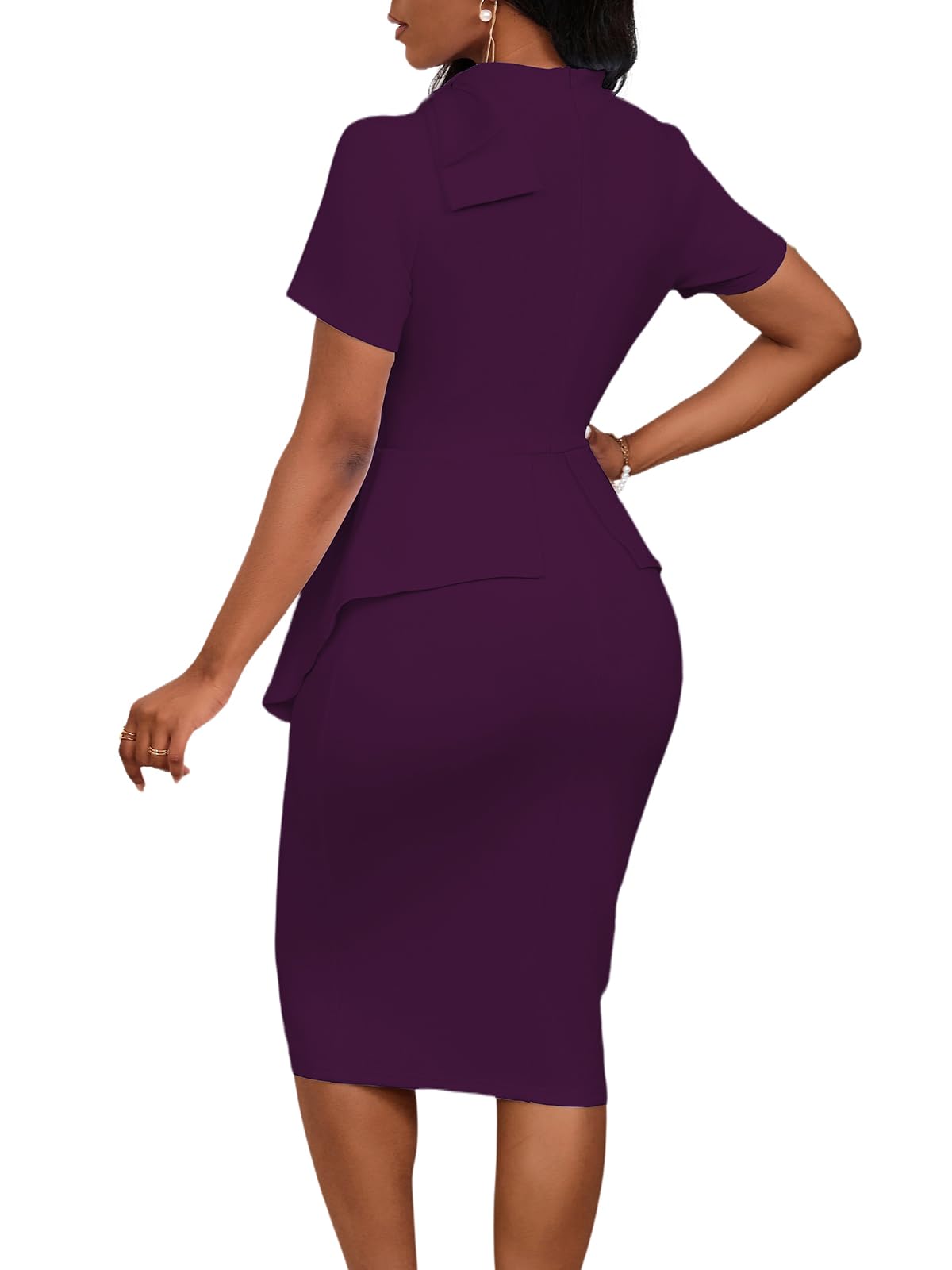 Elegant Women's Formal Bodycon Peplum Cocktail Dress with Short Sleeve Bow Ruffle - Perfect for Parties, Weddings & Evening Events | Slim Fit Pencil Midi Dress for Special Occasions