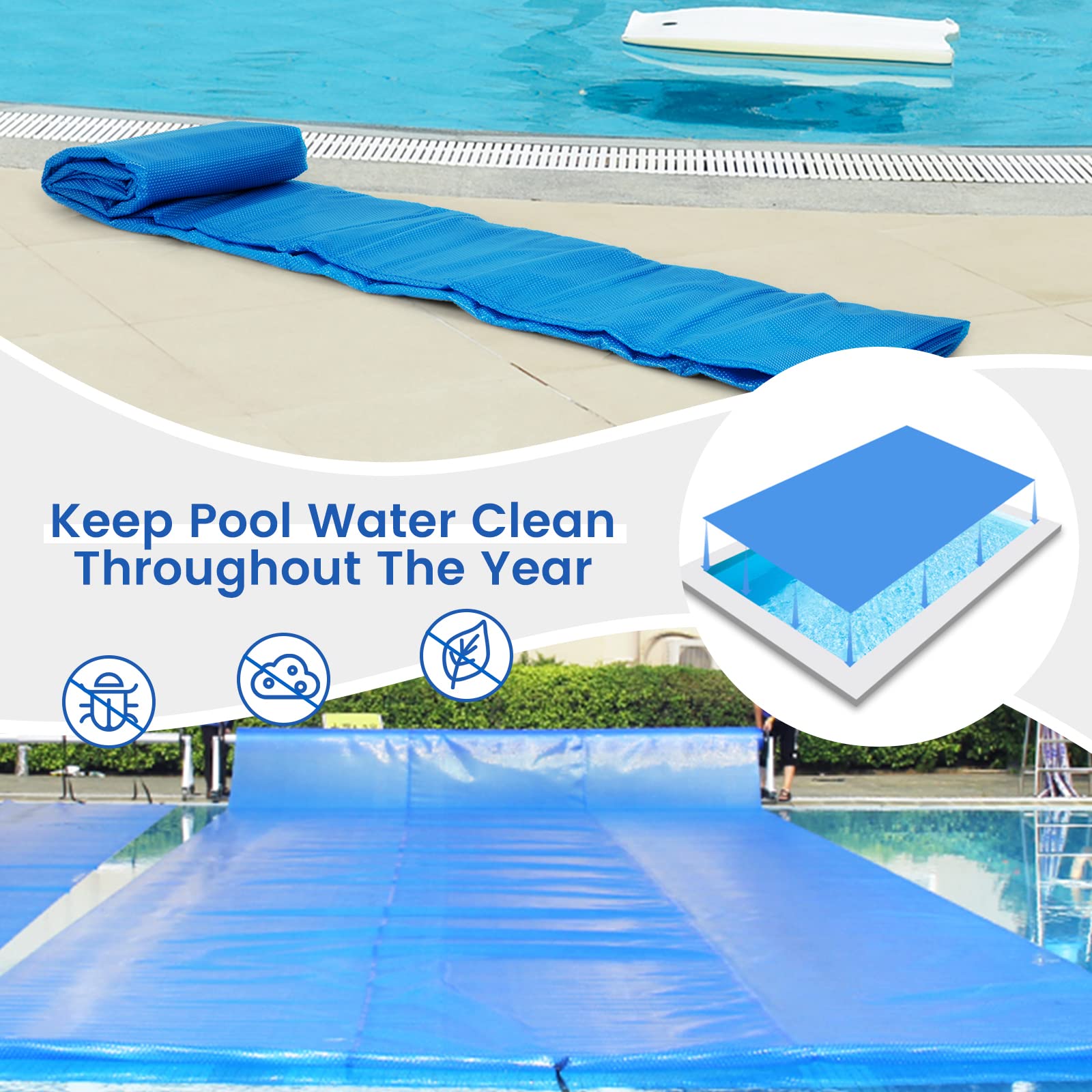 Goplus 20 x 40 FT Solar Pool Cover with Carrying Bag - Blue Bubble Thermal Blanket for In-Ground & Above-Ground Swimming Pools & Hot Tubs | UV Protection, Heat Retention, Energy Saving | Perfect for Backyard, Residential & Commercial Use