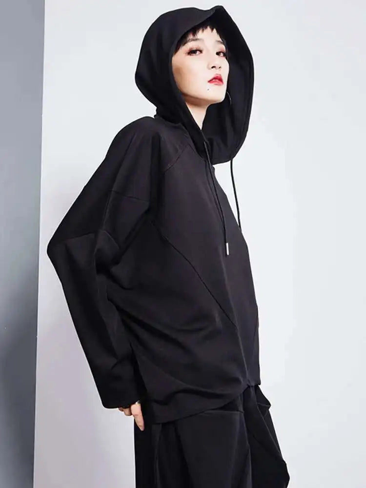 Black Asymmetrical Hem Hooded Sweatshirt for Women - Oversized Long Sleeve Pullover | Trendy Spring & Fall Fashion 2025 | Casual Wear, Street Style, Lounge Outfits