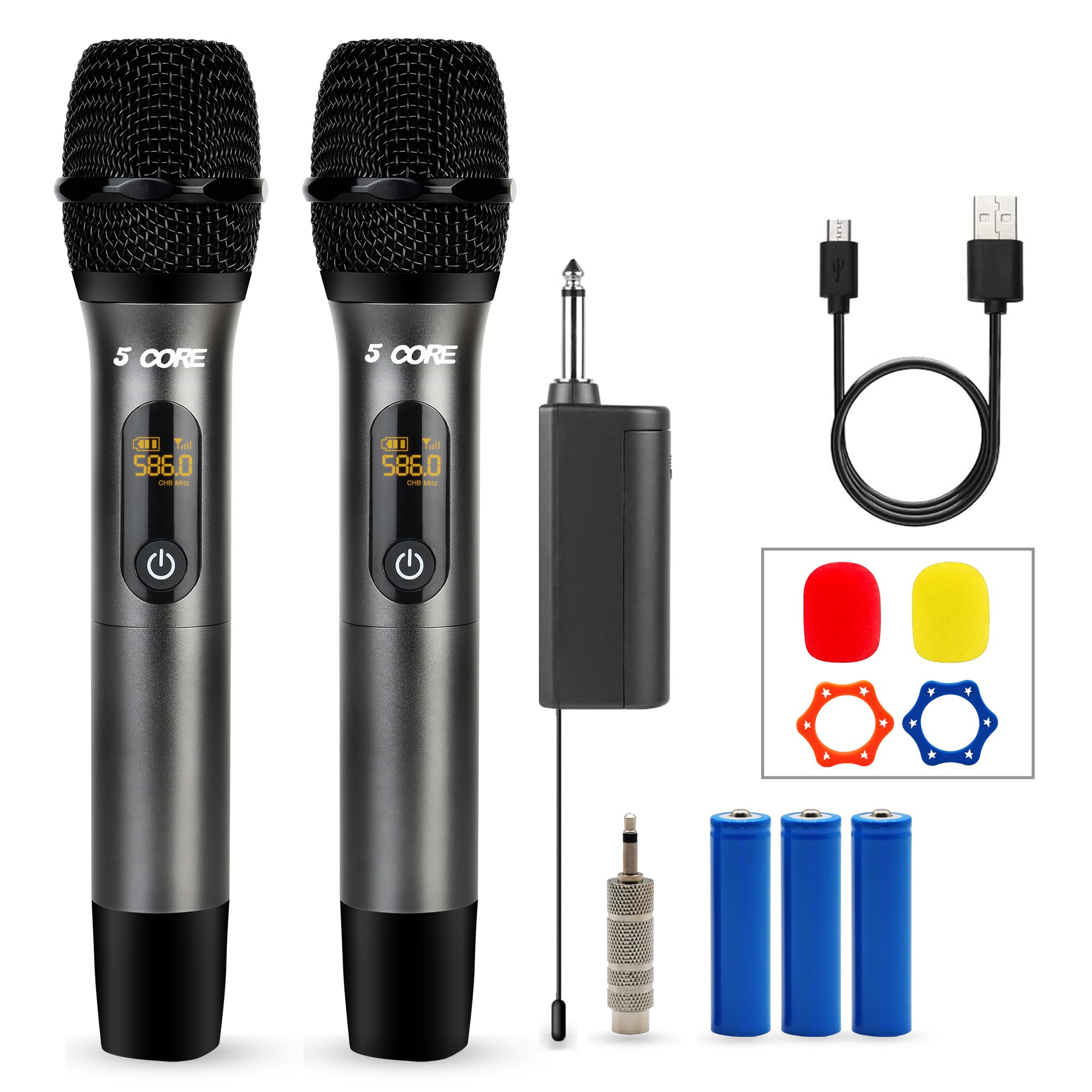 5-Core UHF Wireless Microphone System - 210ft Range, Dual Cardioid Handheld Mics with Mini Receiver | Rechargeable Cordless Karaoke Mic for Singing, Parties & Live Performances (WM UHF 02, Gray)