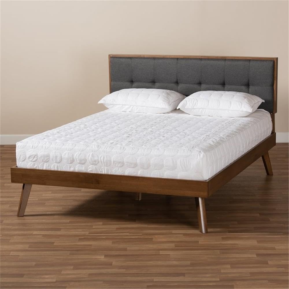 BOWERY HILL Queen Size Platform Bed with Dark Gray Fabric Upholstery and Walnut Finish - Perfect for Modern Bedrooms, Guest Rooms & Small Spaces