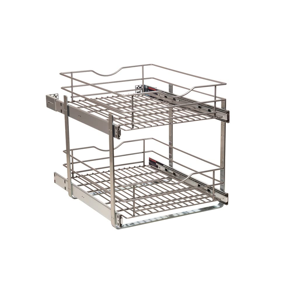 Knape & Vogt 17.5-inch Wide 2-Tier Pull Out Cabinet Basket Organizer - Frosted Nickel Finish for Kitchen, Bathroom & Pantry Storage (14.7-inch Height) | Space-Saving Shelf Solution for Spices, Utensils & Cleaning Supplies