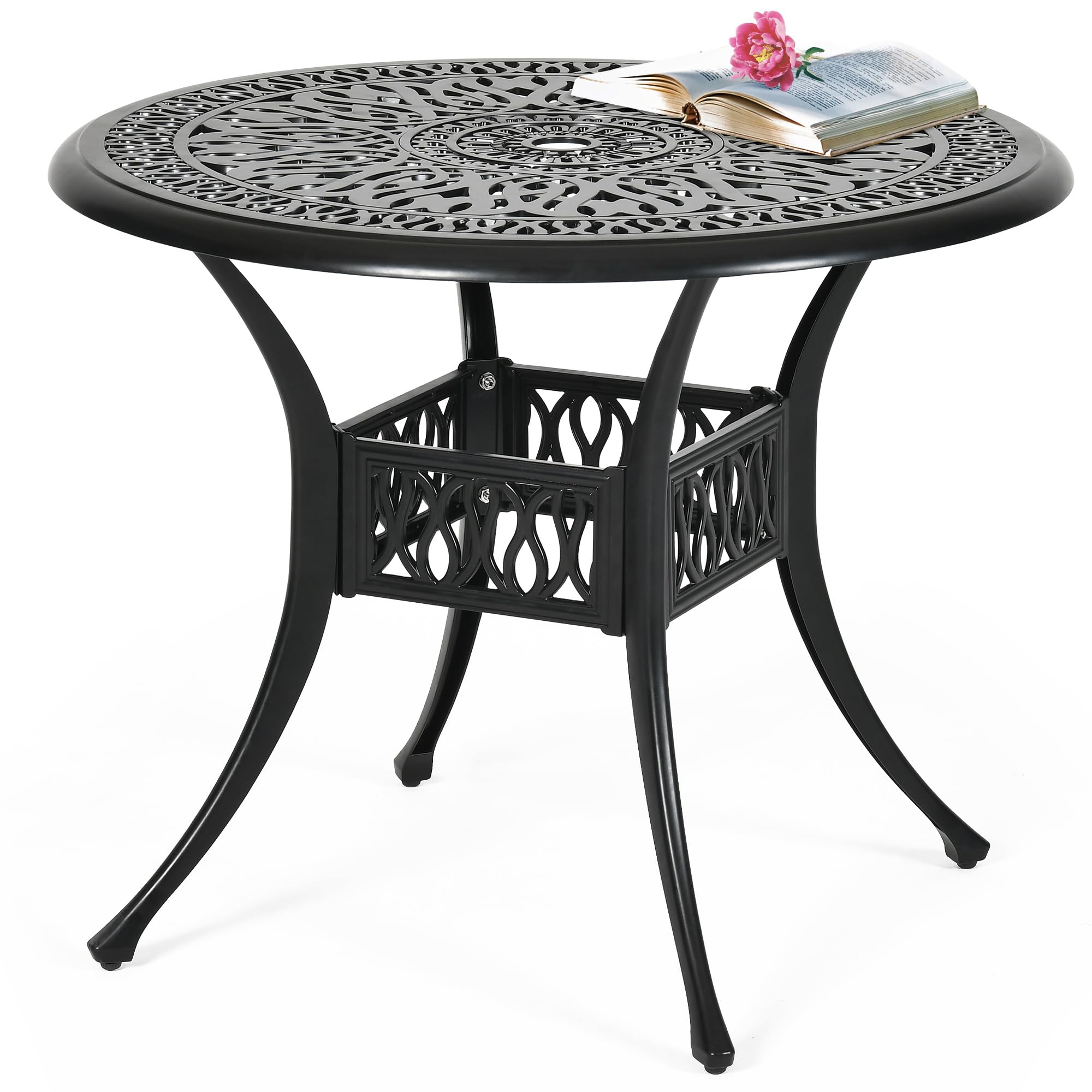 DWVO 35 Inch Outdoor Dining Table - Round Cast Aluminum Bistro Table with Umbrella Hole for Backyard, Garden, Patio, Porch - Weather-Resistant Black Metal Table for Outdoor Entertaining & Dining Al Fresco