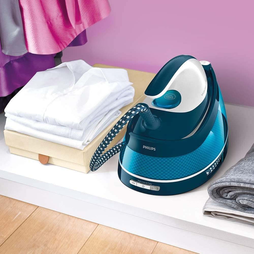 Philips PerfectCare Compact Steam Generator Iron with 400g Steam Boost, 2400W, Blue & White - GC7840/26 | Professional Garment Care for Wrinkles & Stubborn Creases | Ideal for Home & Office Use