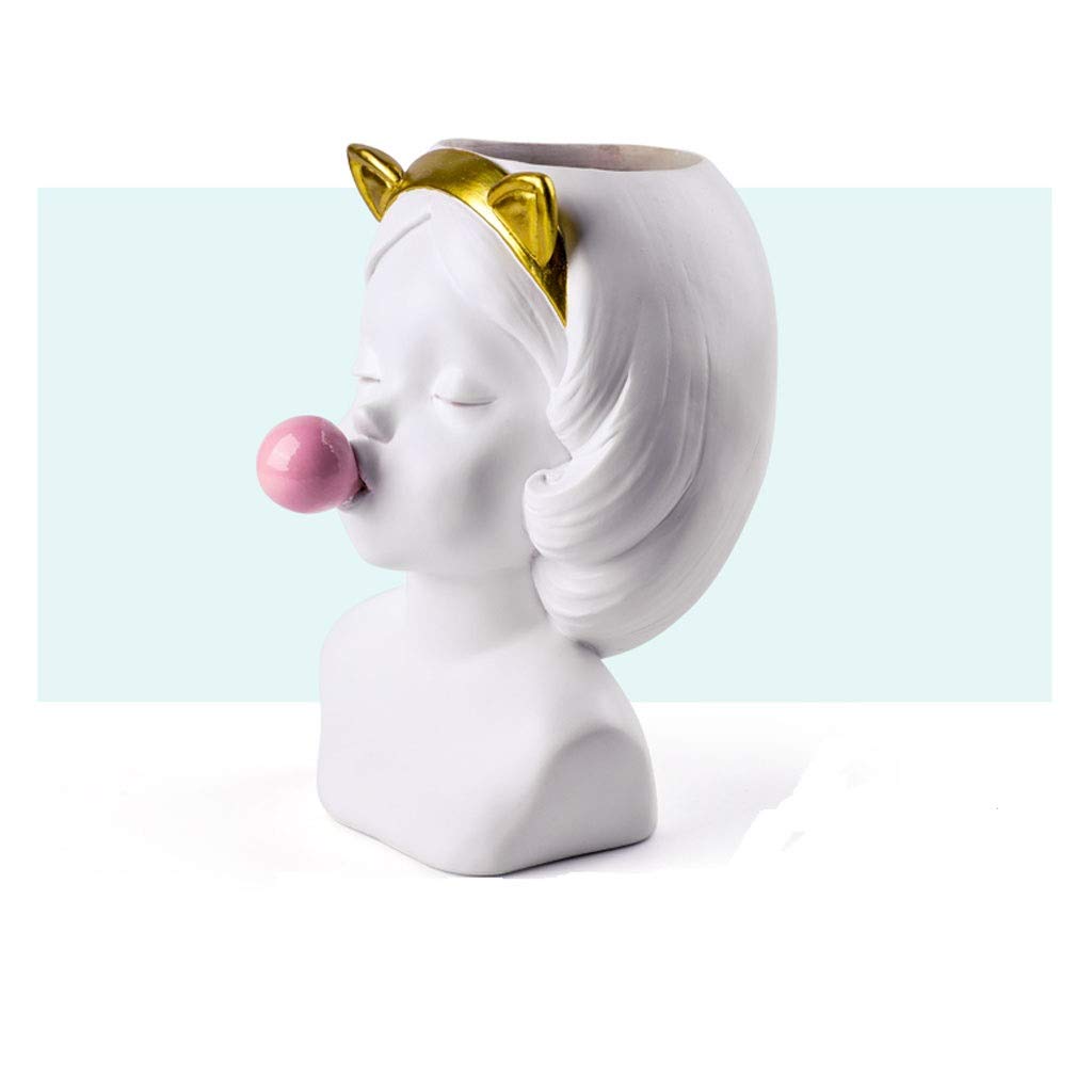 Nordic Resin Human Head Golden Flower Vase - Creative Catwoman Bubble Gum Design for Home Decor, Living Room Flower Arrangement - Durable White Vase | Perfect for Modern Interior, Wedding Centerpiece & Gift Idea