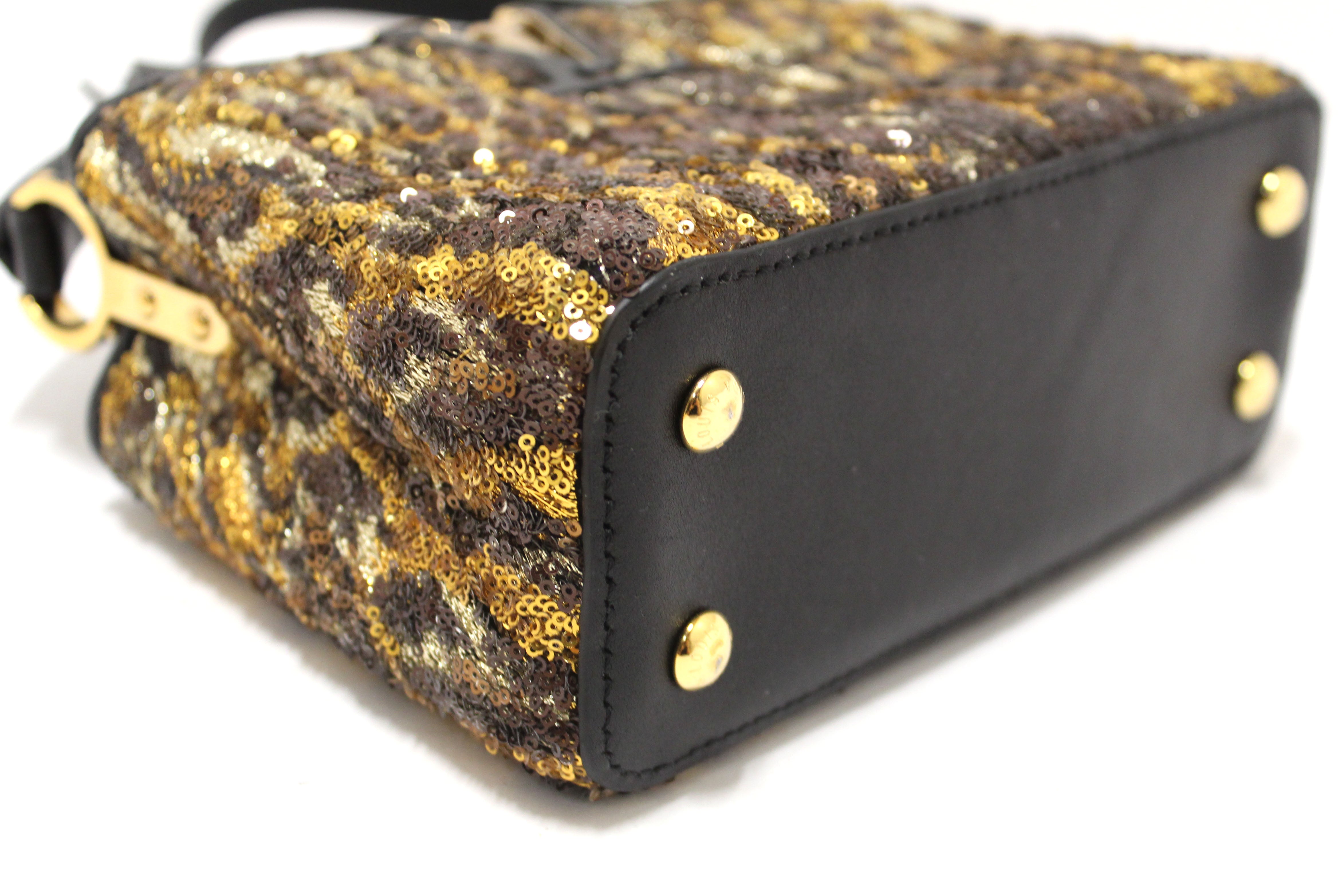 Authentic Louis Vuitton Capucine BB Handbag in Black & Gold with Leoflame Dore Sequins - Luxury Evening Bag for Parties, Weddings & Special Occasions