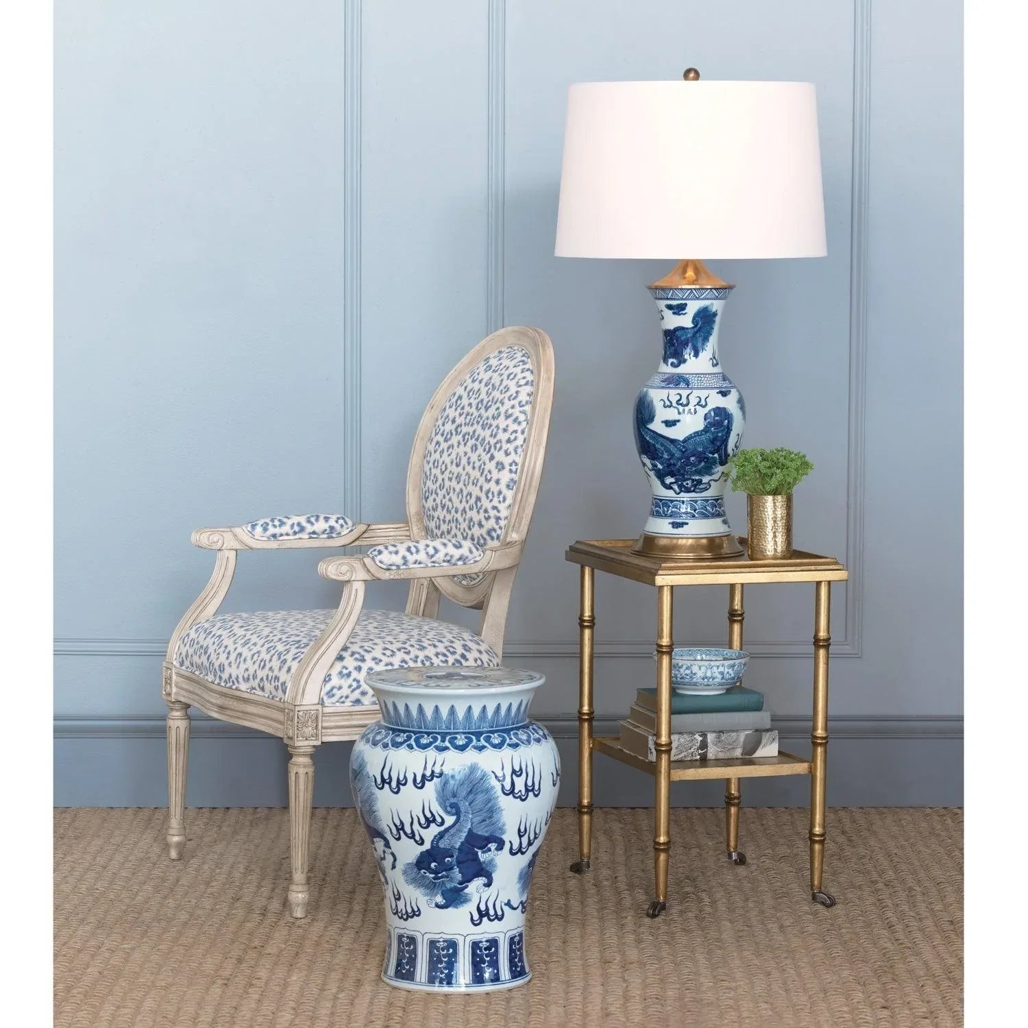 Hand-Painted Blue and White Foo Dog Porcelain Table Lamp - Traditional Asian Decor for Living Room, Bedroom, or Office