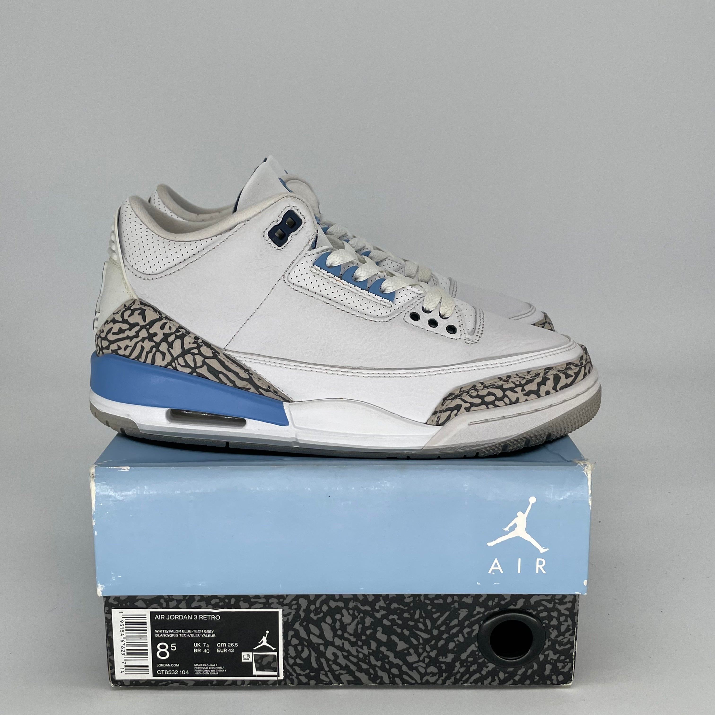 AIR JORDAN 3 UNC Sneakers - Men's Size 8.5/Women's Size 10 - Style CT8532-104 - Classic Blue & White Basketball Shoes for Casual Wear & Sports