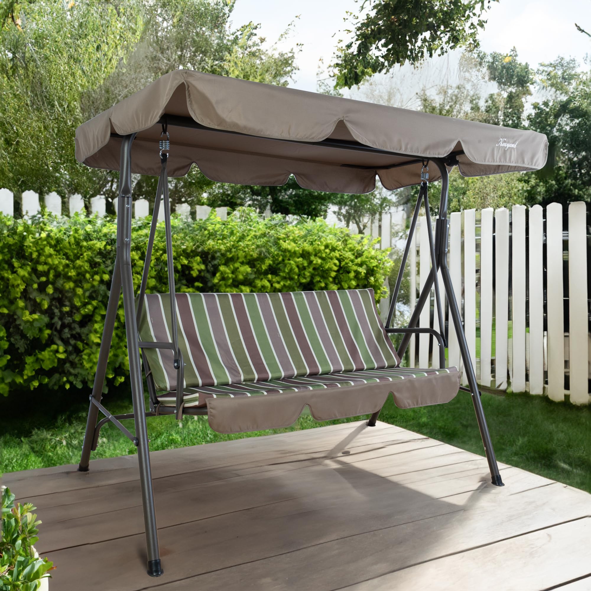Kozyard Alicia Patio Swing Chair - Outdoor Hanging Glider with 3 Comfortable Cushions, Sturdy Steel Frame & Adjustable Canopy - Perfect for Garden, Poolside, Balcony or Backyard Relaxation (Lime Stripe) | Weather-Resistant & Easy to Clean