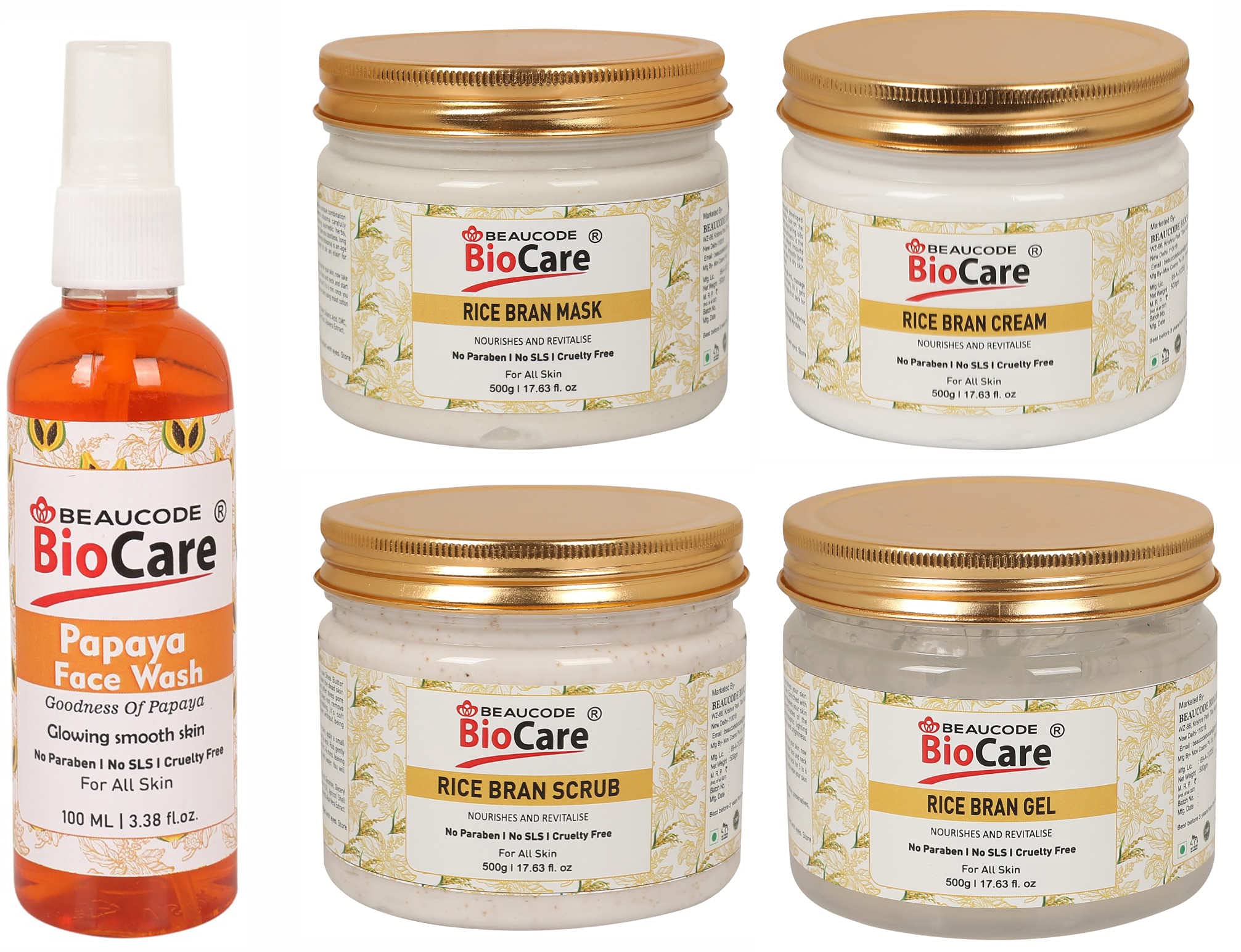 Beaucode Biocare Rice Bran Facial Kit - Cream, Mask, Gel & Scrub with Papaya Face Wash (500g + 100ml) | Paraben-Free, Sulfate-Free & Cruelty-Free Skincare Set | Pack of 5 | For Glowing Skin & Deep Cleansing at Home Spa
