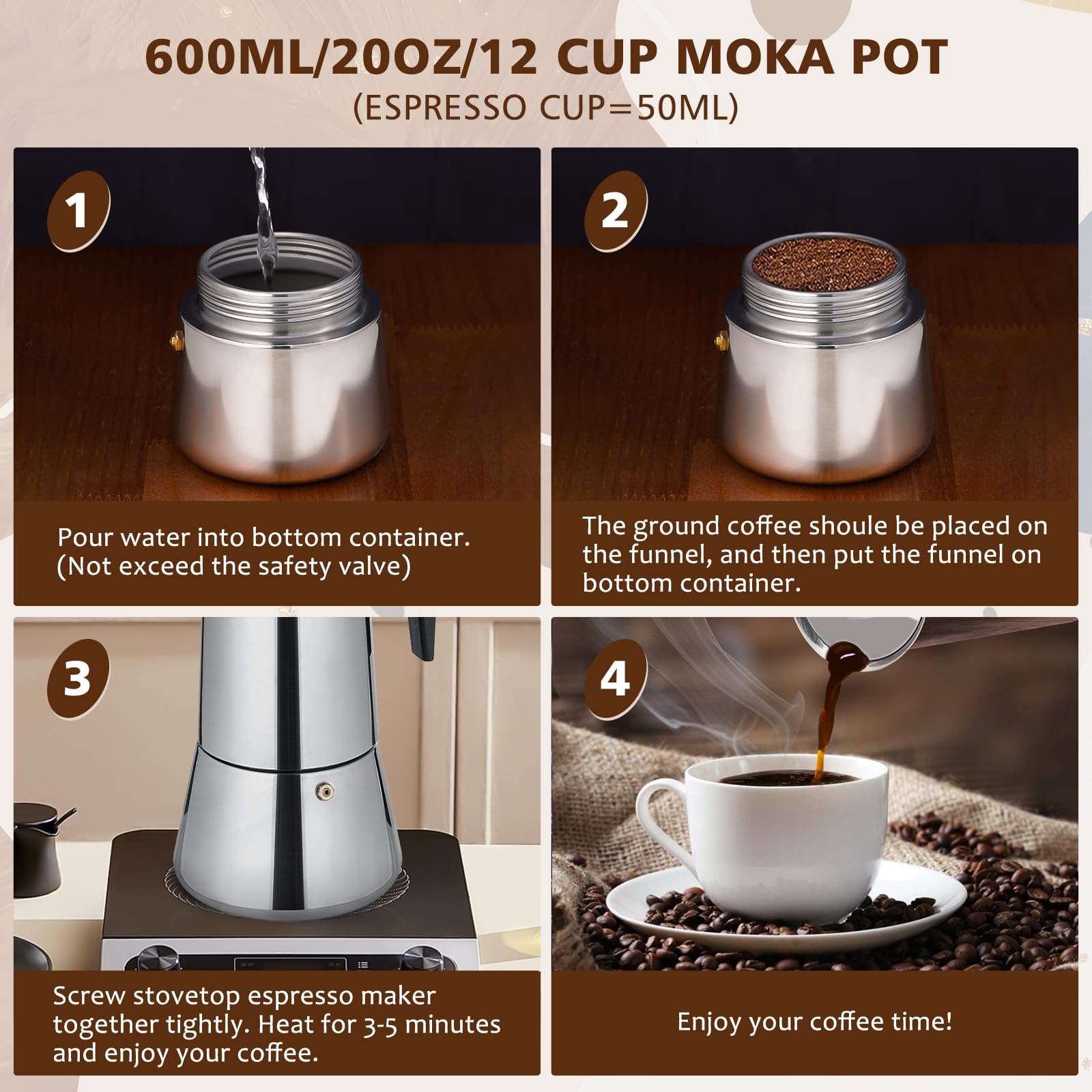 12 Cup Stovetop Espresso Maker - Italian Moka Pot Coffee Percolator, 600ml/20oz Stainless Steel Espresso Machine for Induction Cooktops & Gas Stoves - Perfect for Home Brewing & Cafe Style Coffee