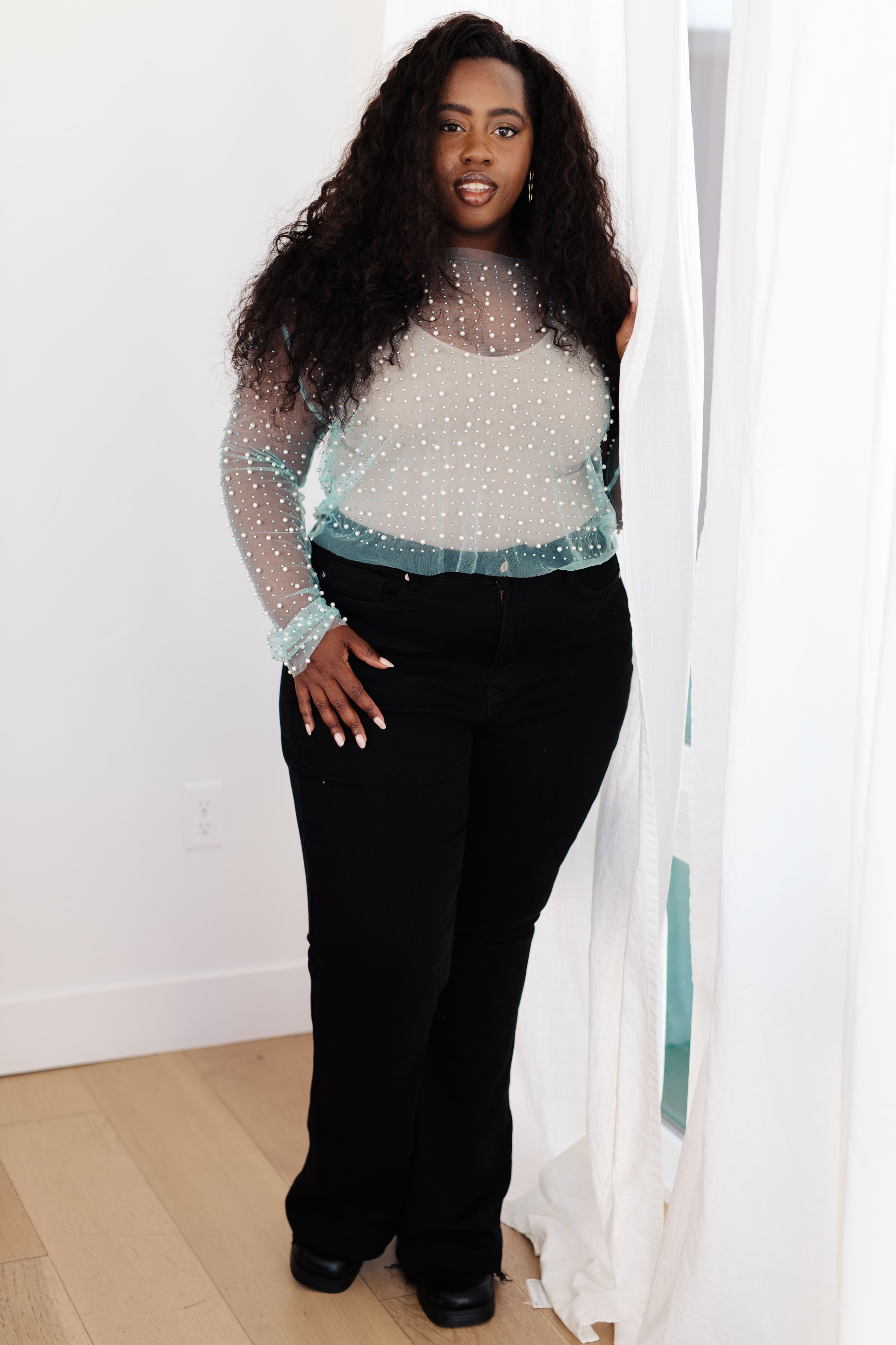 Pearl Diver Layering Top in Light Cyan - Women's Fashion Blouse for Casual Wear, Office & Date Night Outfits