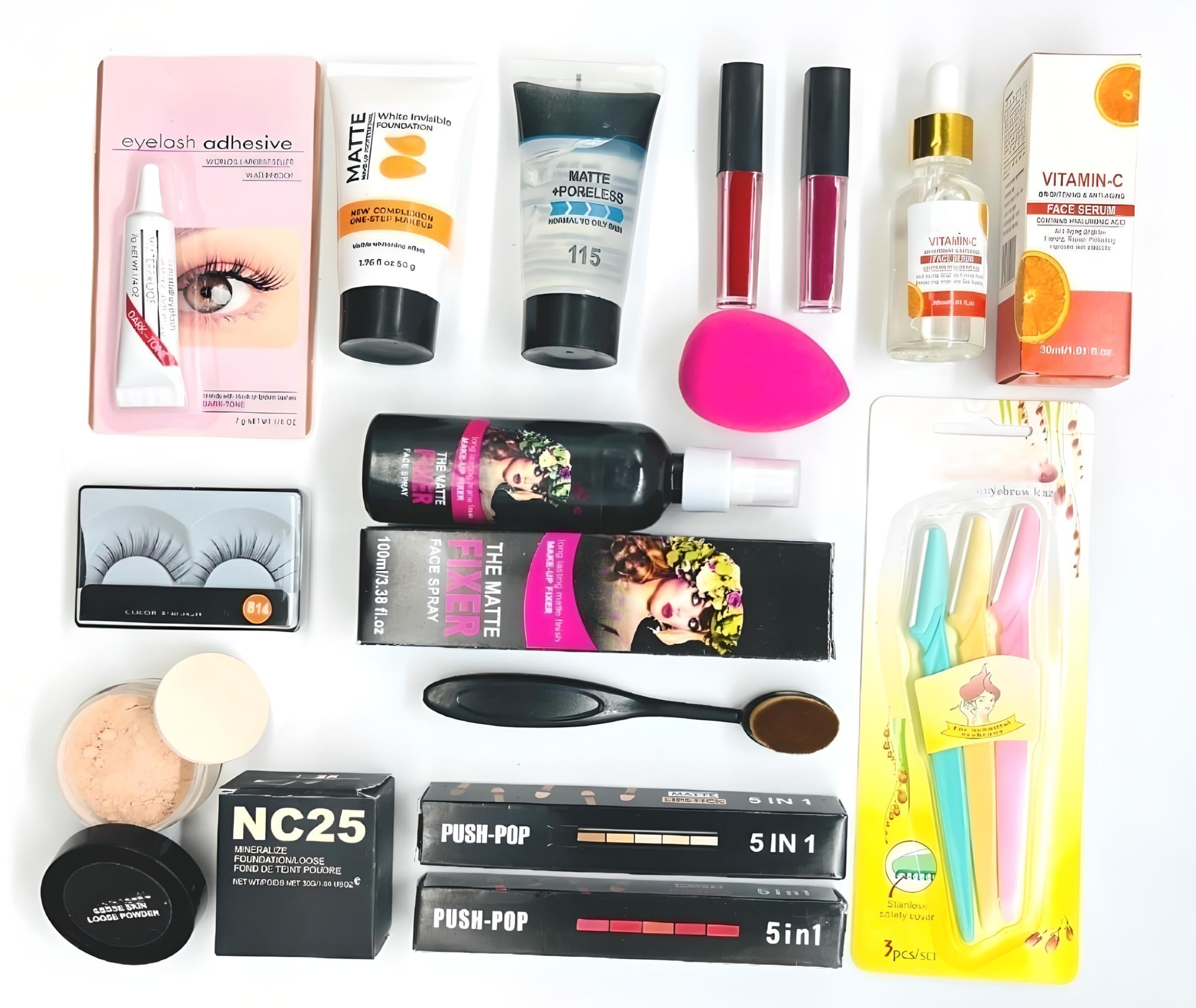 14-in-1 Makeup Kit with 5-in-1 Lipstick Set (Red & Nude), Liquid Lipsticks, Eyelash Glue, Face Serum, Eyebrow Razors, Primer, Foundation, Oval Brush, Setting Spray & Loose Powder | Complete Cosmetics Collection for Daily Makeup, Party Looks & Travel Essentials