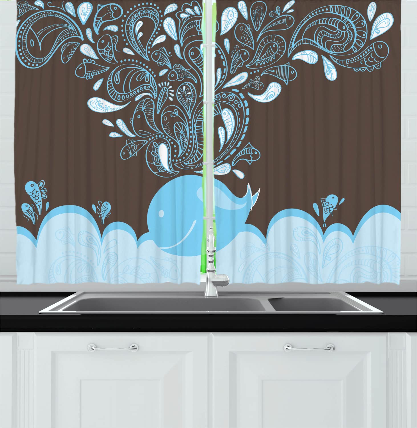 Ambesonne Whale Print Kitchen Curtains - Ocean Theme Cartoon Batik Tribal Style Drapes with Rod Pocket, 55