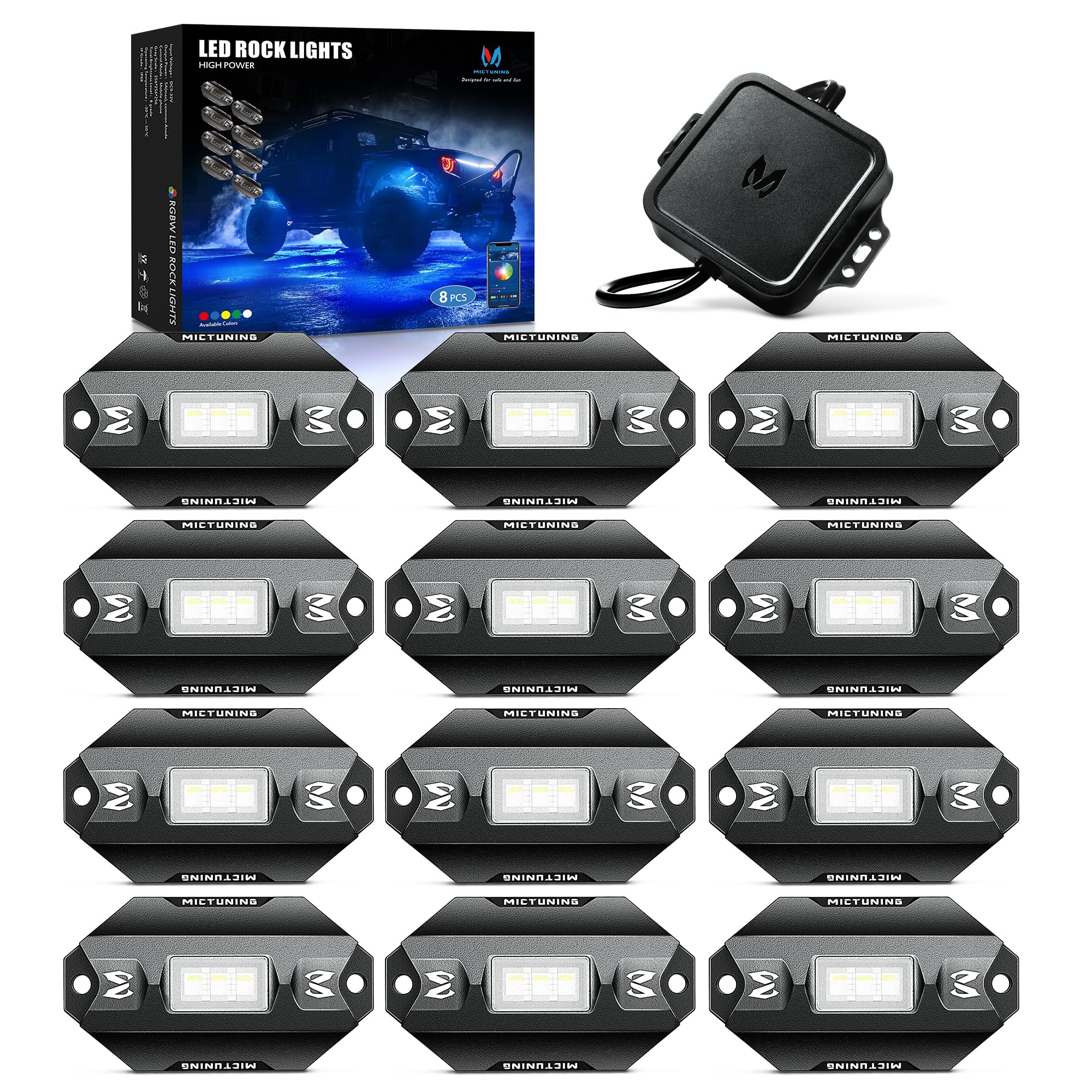 MICTUNING C1 12 Pods RGBW LED Rock Lights - Multicolor Underglow Neon Light Kit with Bluetooth & App Control for Cars, Trucks, SUVs - Off-Road, Car Shows & Night Driving