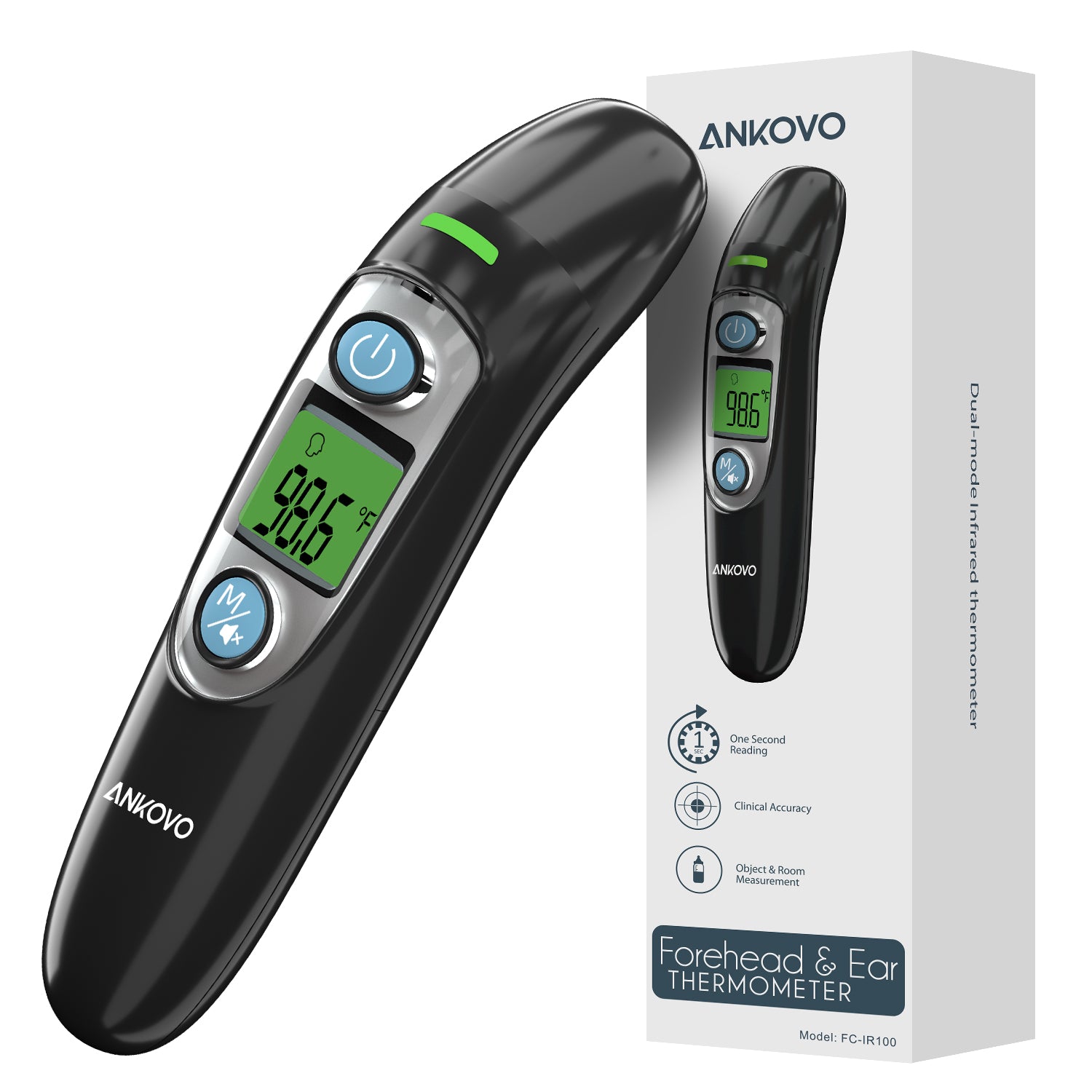 ANKOVO Dual Mode Infrared Thermometer - Fast 1-Second Reading, 3-Color Backlight Display, 35 Memory Recall - Accurate for All Ages - Perfect for Home, Office & Travel Use
