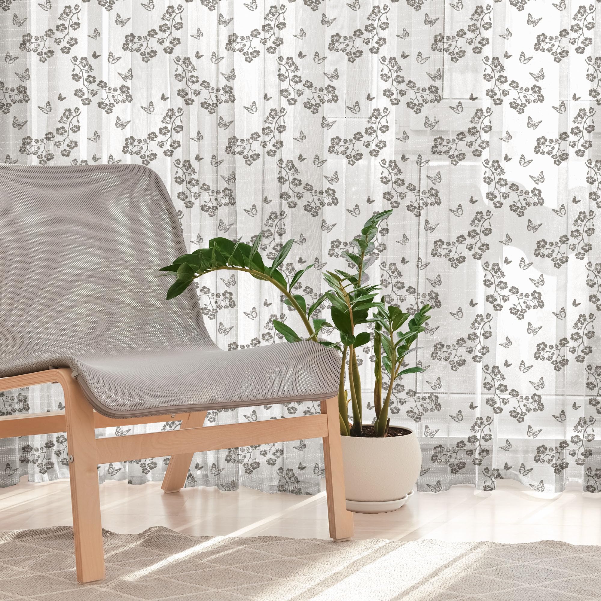 Ambesonne Black White Butterfly Tulle Curtains - Japanese Inspired Monochrome Sakura Blossom Design, Sheer Window Drapes with Rod Pocket (2 Panels 108